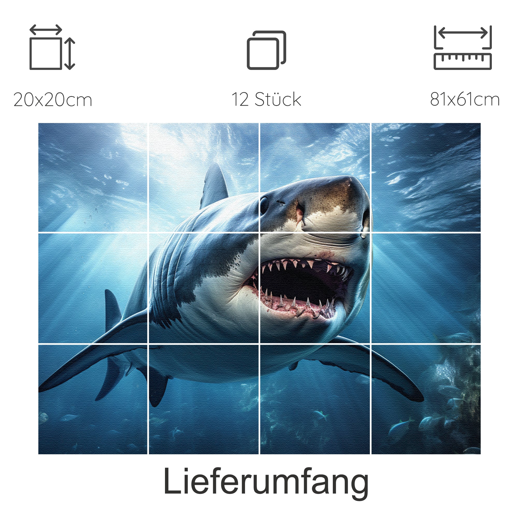 Großer weißer Hai in blauem Wasser, 12-teiliges Wandbild.