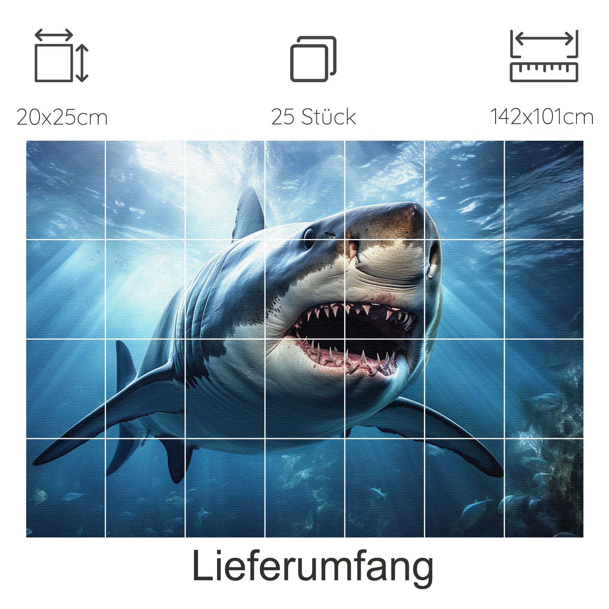 Großer weißer Hai unter Wasser, lebendige Farben, beeindruckende Details.