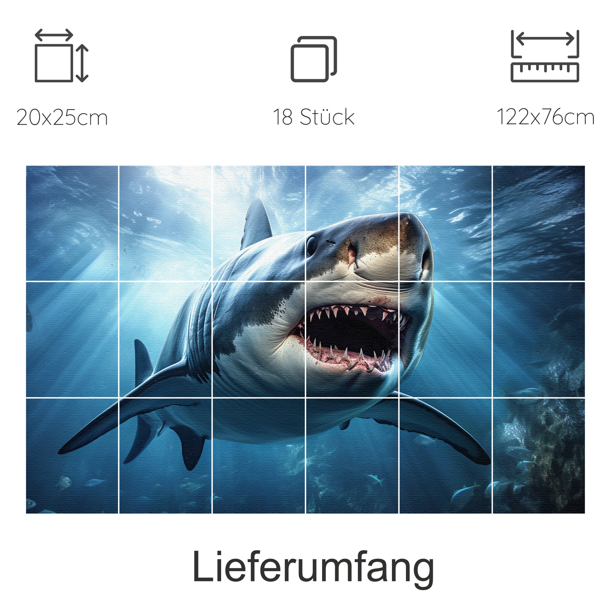 Großer weißer Hai unter Wasser, lebendige Farben, 18-teiliges Set.