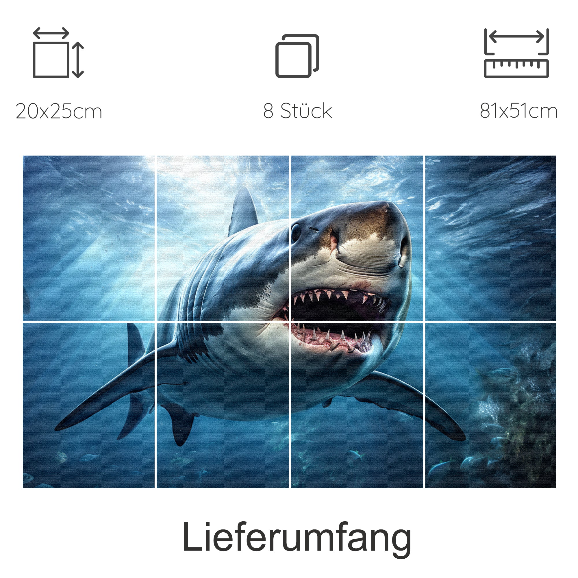 Großer weißer Hai unter Wasser, lebendige Farben, 8-teiliges Set.
