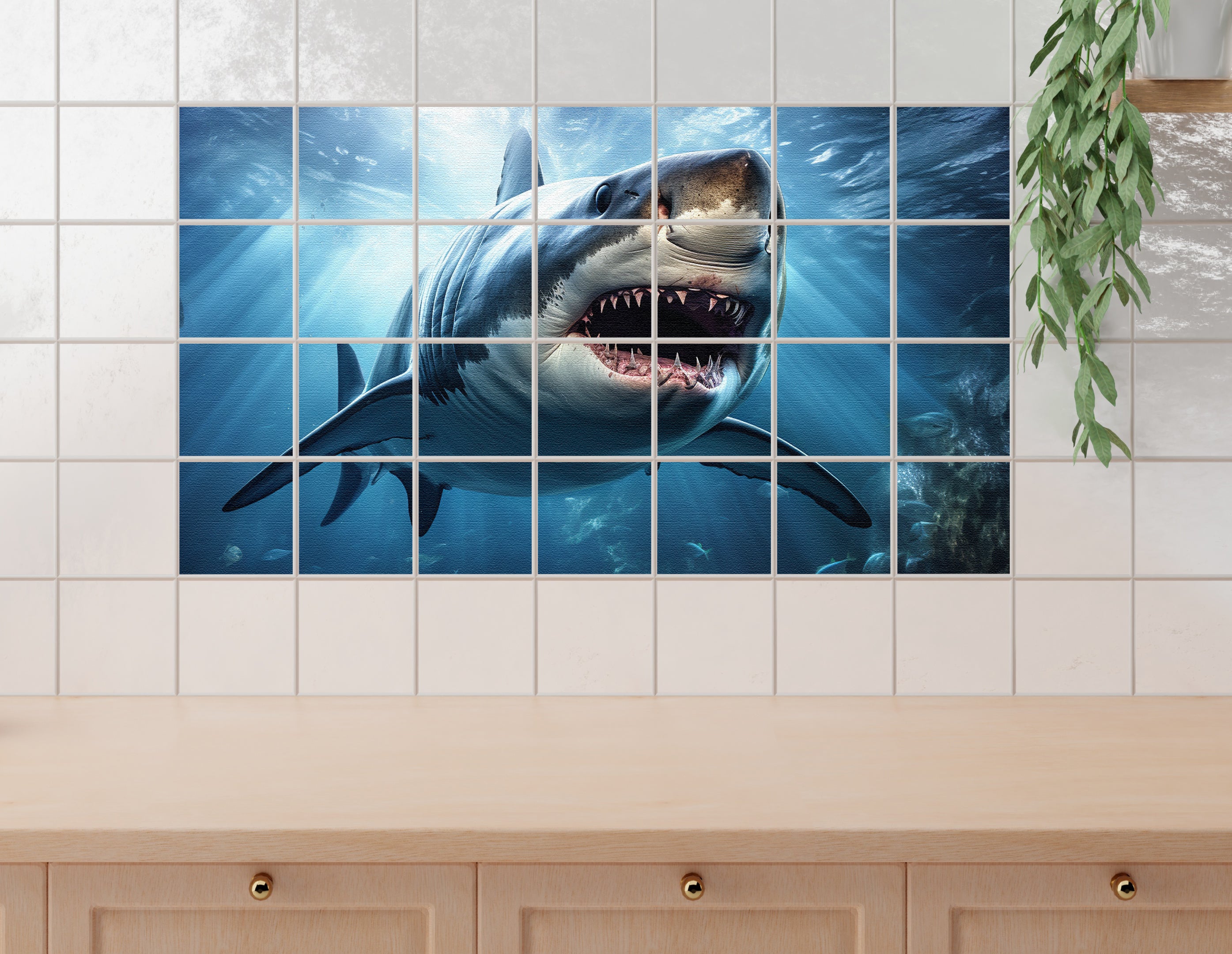 Großer weißer Hai unter Wasser, lebendige Farben, beeindruckende Details.