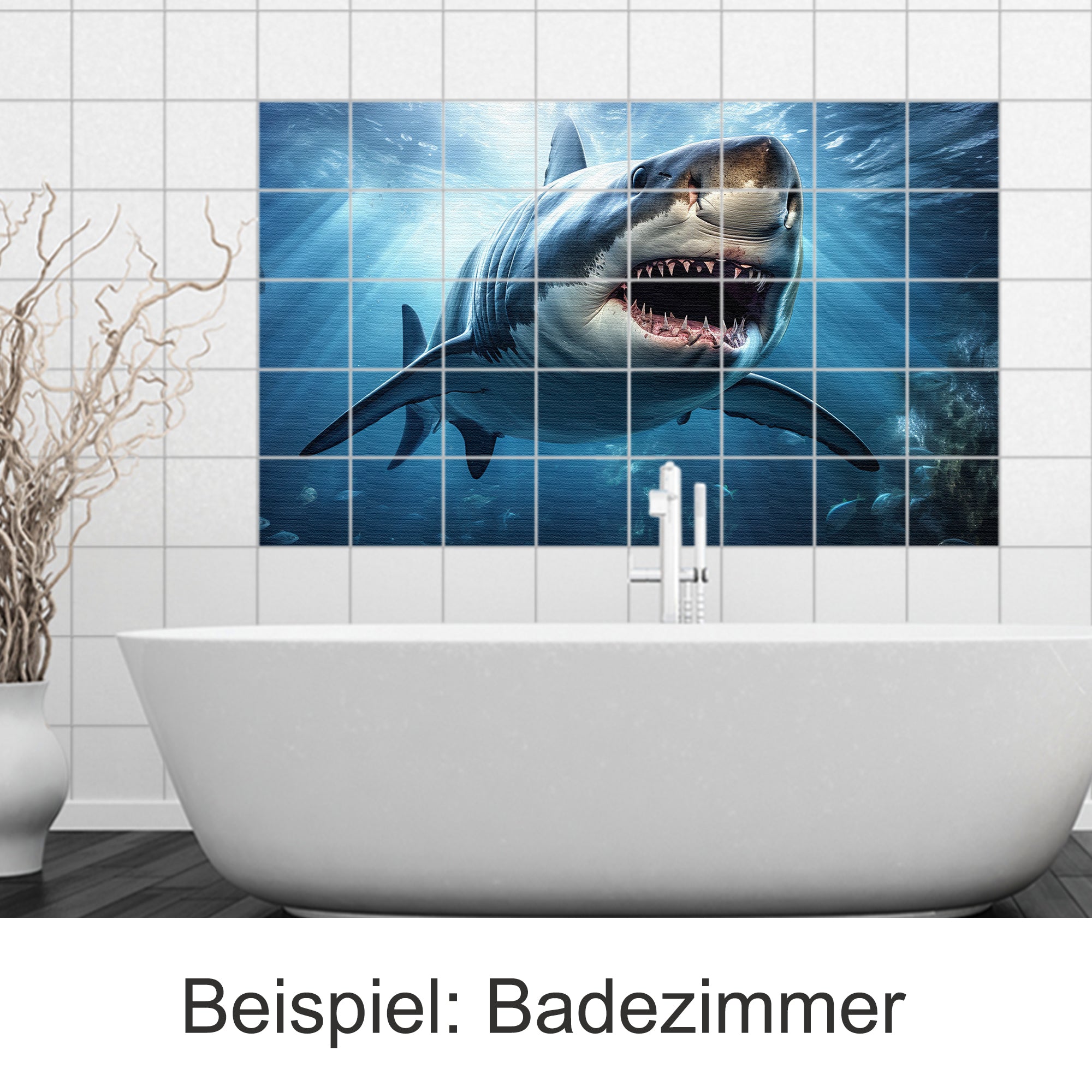 Haifisch-Mosaikfliesen in blauem Wasser, modernes Badezimmer.