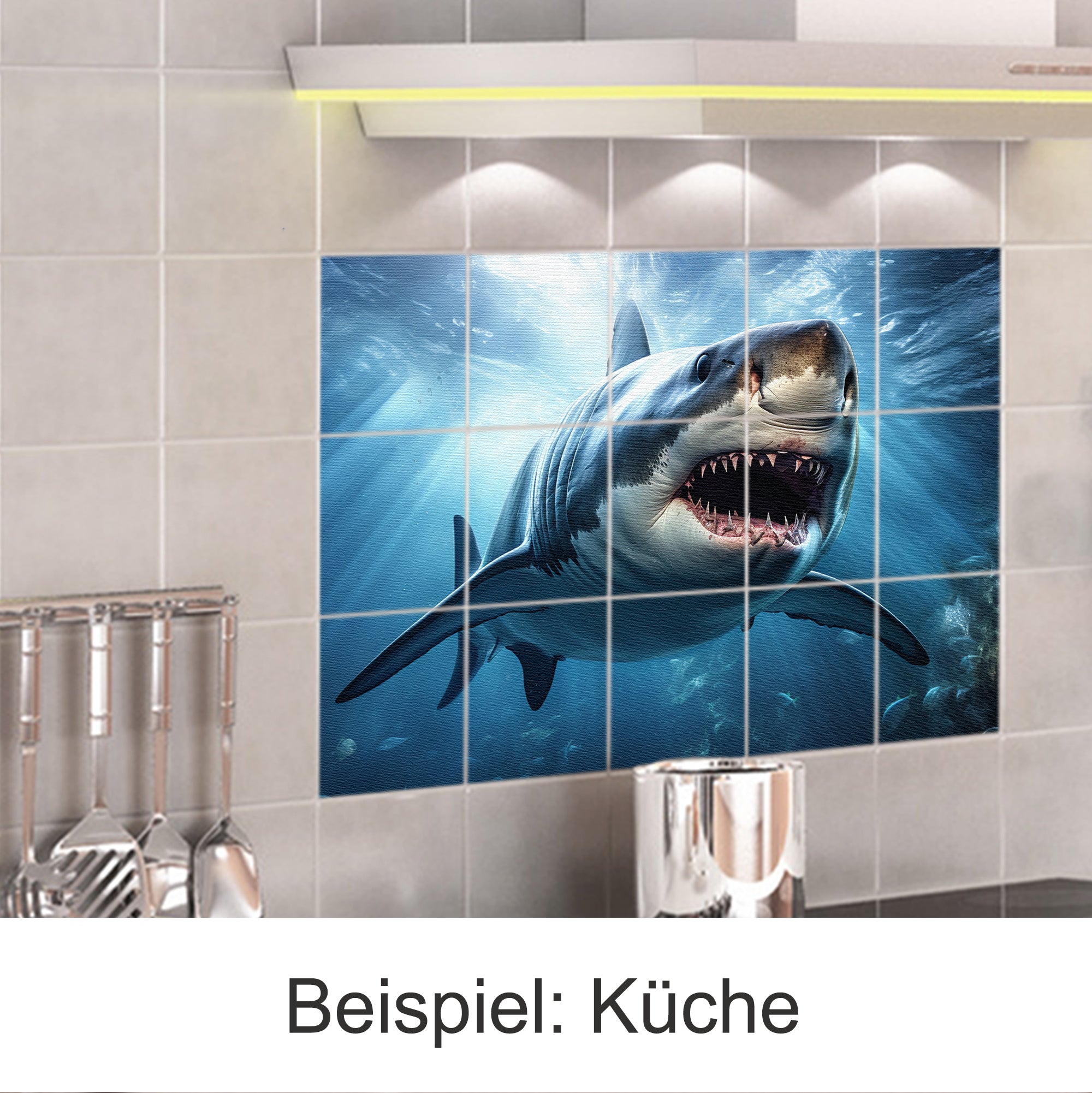 Haifisch-Motiv auf Fliesen, blaue Farbgebung, beeindruckende Unterwasser-Szene.