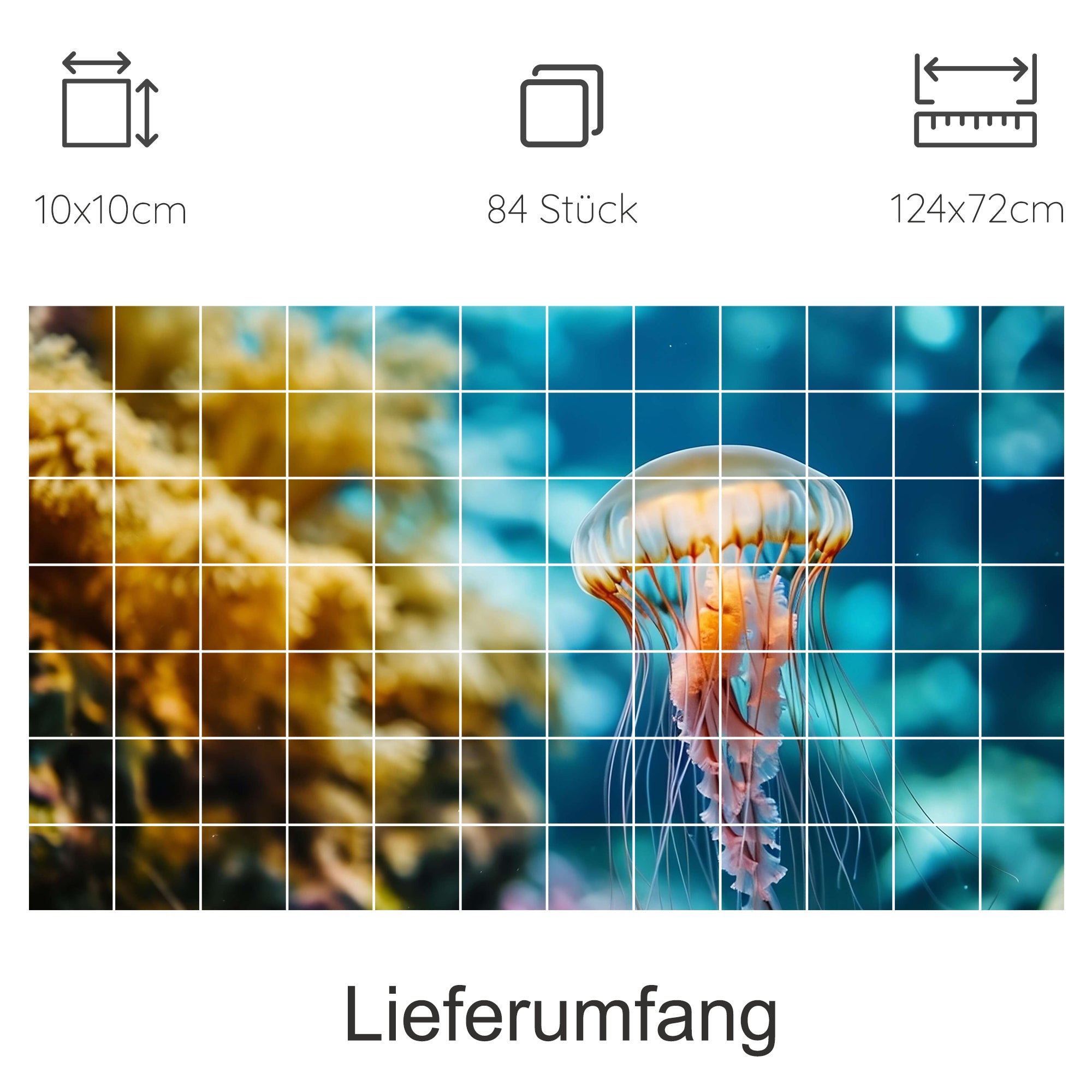 Meduse in Blau- und Orangetönen, 84 Teile, 124x72 cm.