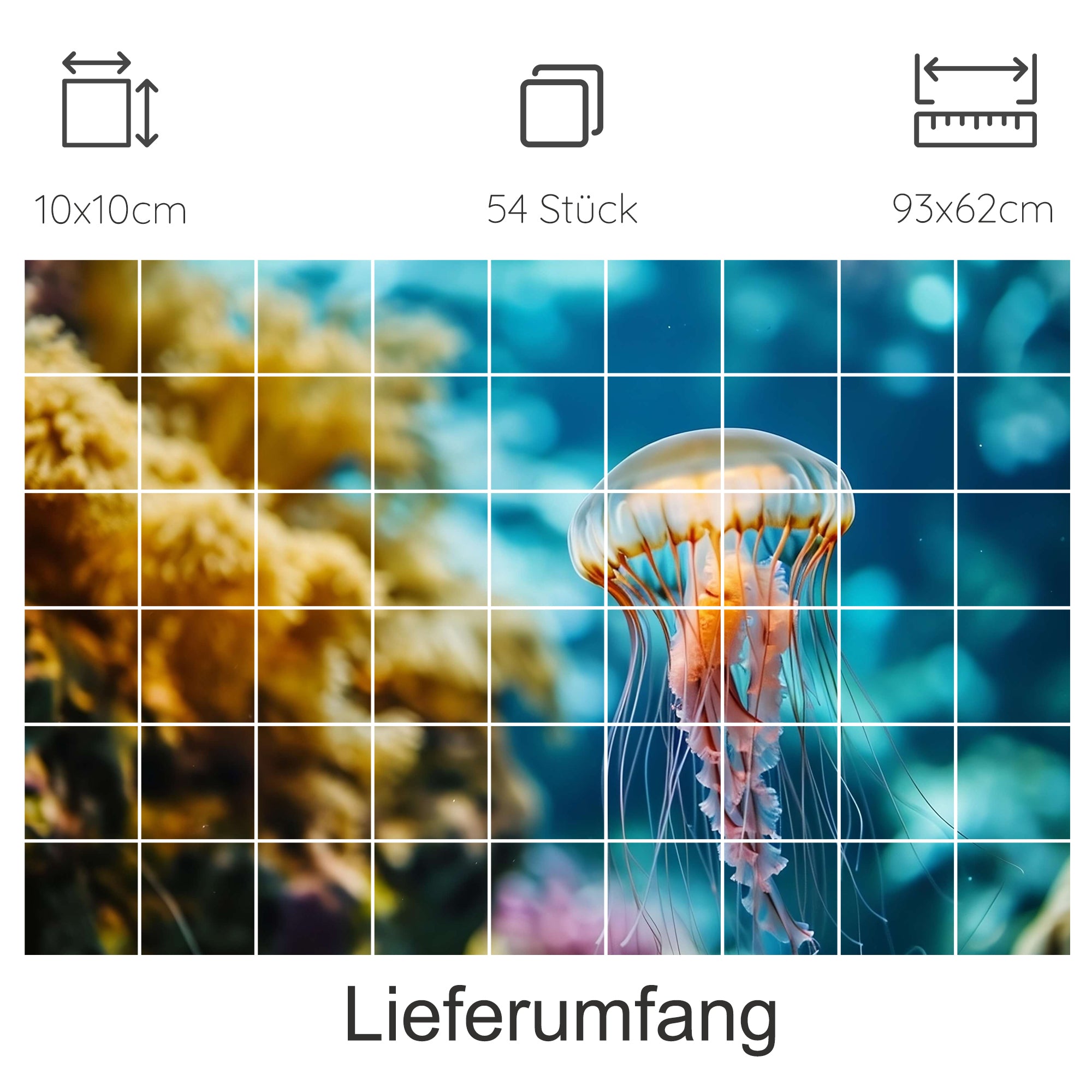 Medusa in Blau mit orangefarbenem Schirm und langen Tentakeln.