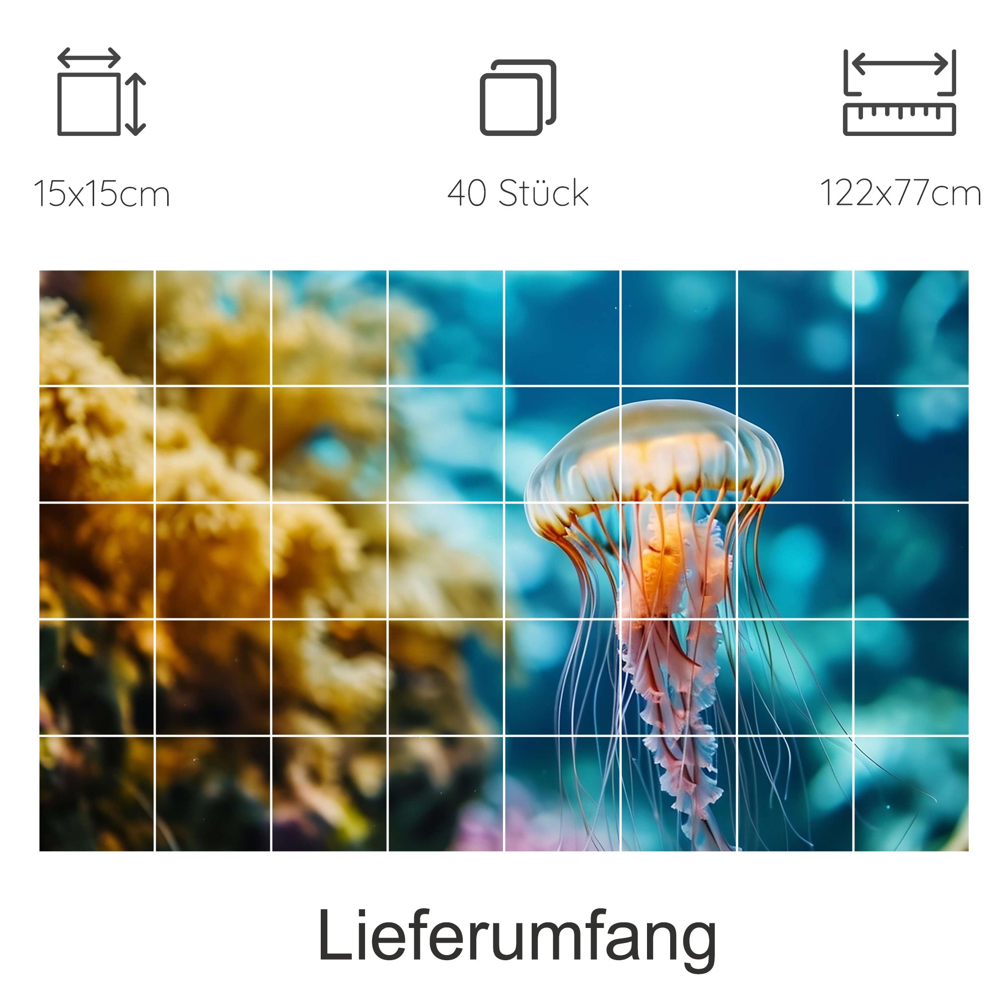 Medusenmotiv in Blau- und Gelbtönen, 40 Stück, 15x15cm.