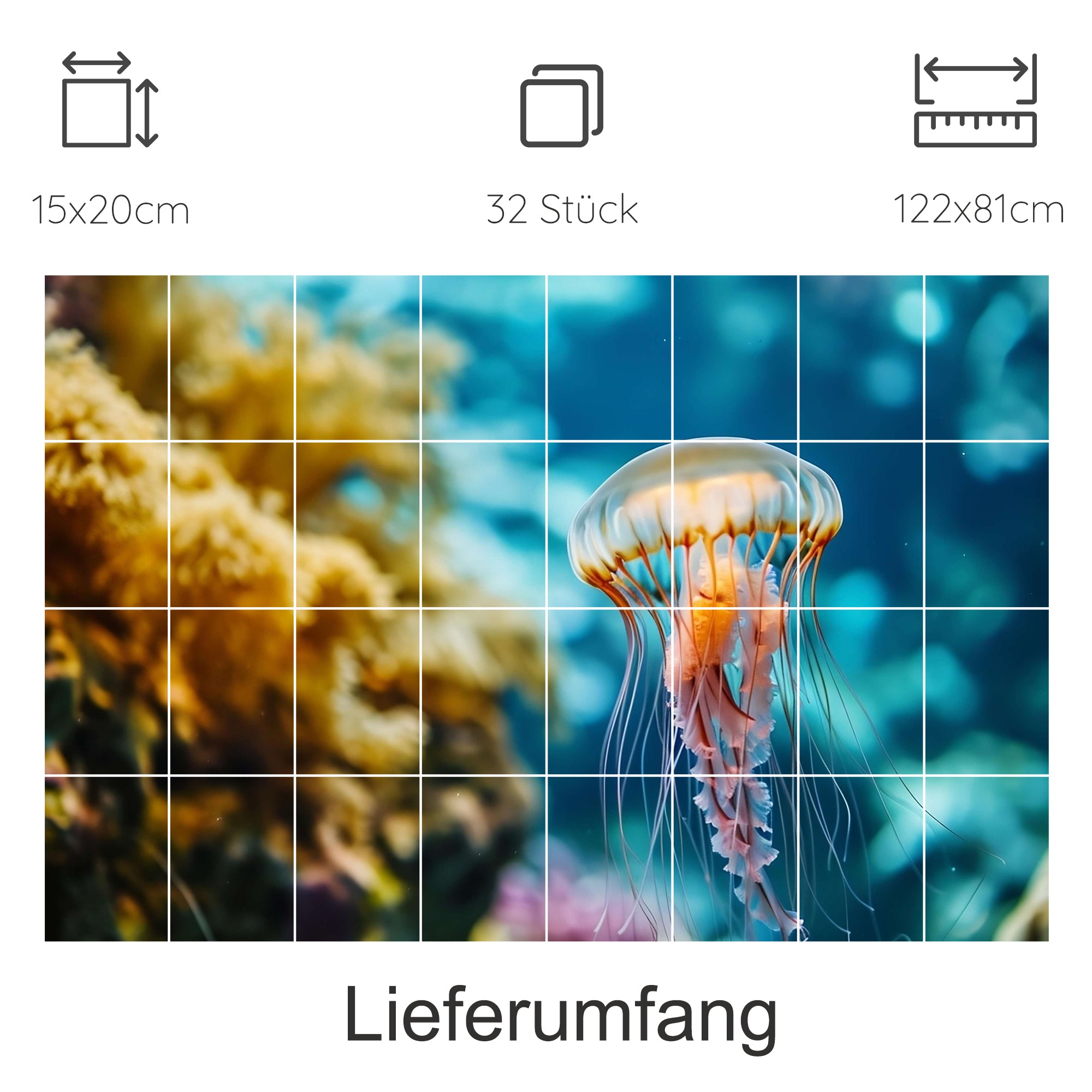 Medusen-Motiv in Blau- und Gelbtönen, 32 Teile.