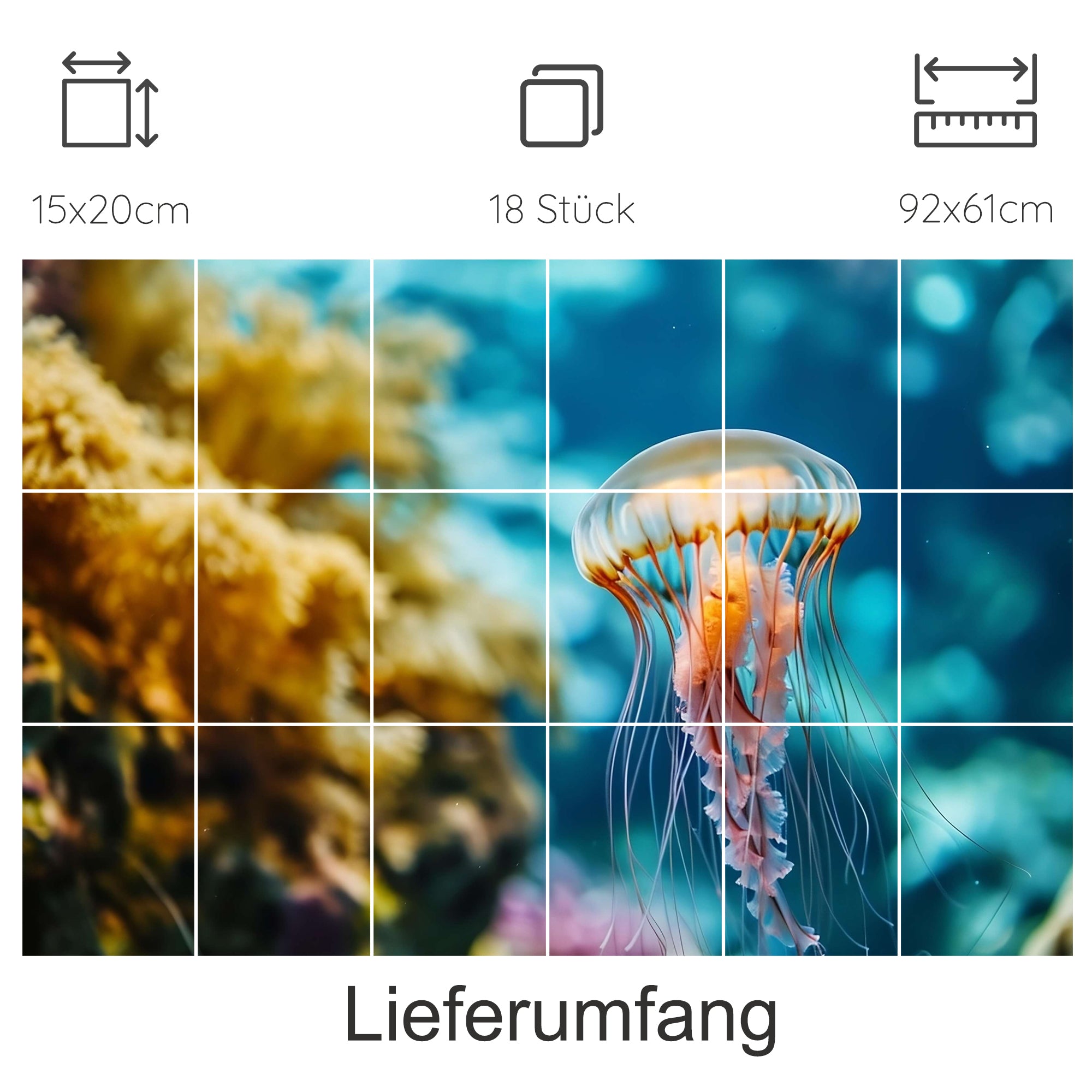 Medienpaket mit 18 bunten Quallen-Motiven, 15x20 cm.