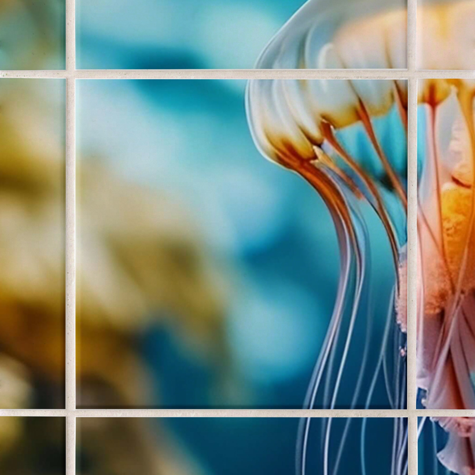 Durchsichtige Qualle mit orangefarbenen Tentakeln vor blauem Hintergrund.