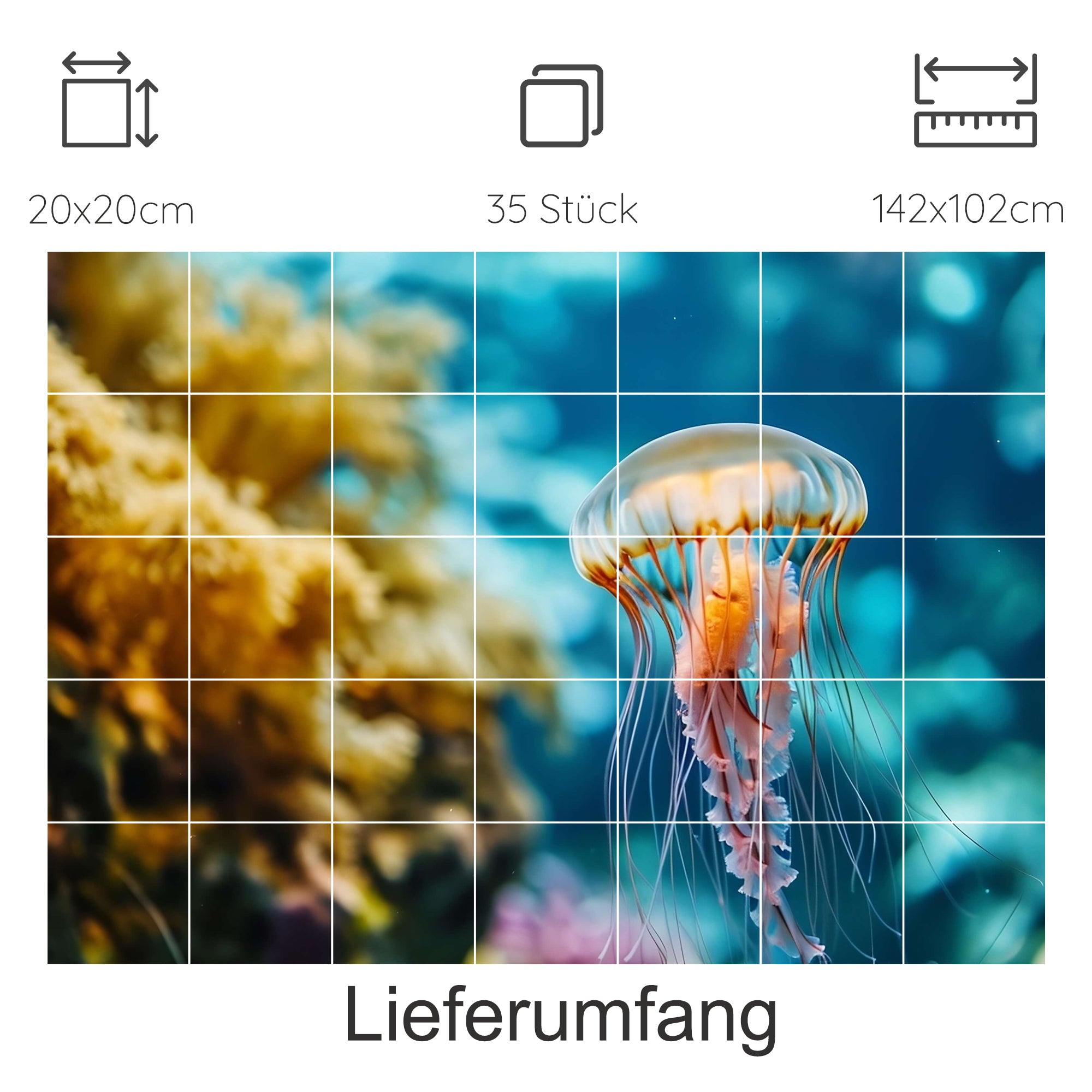 Medusenmotiv in Blau- und Gelbtönen, 35 Stück Puzzle.