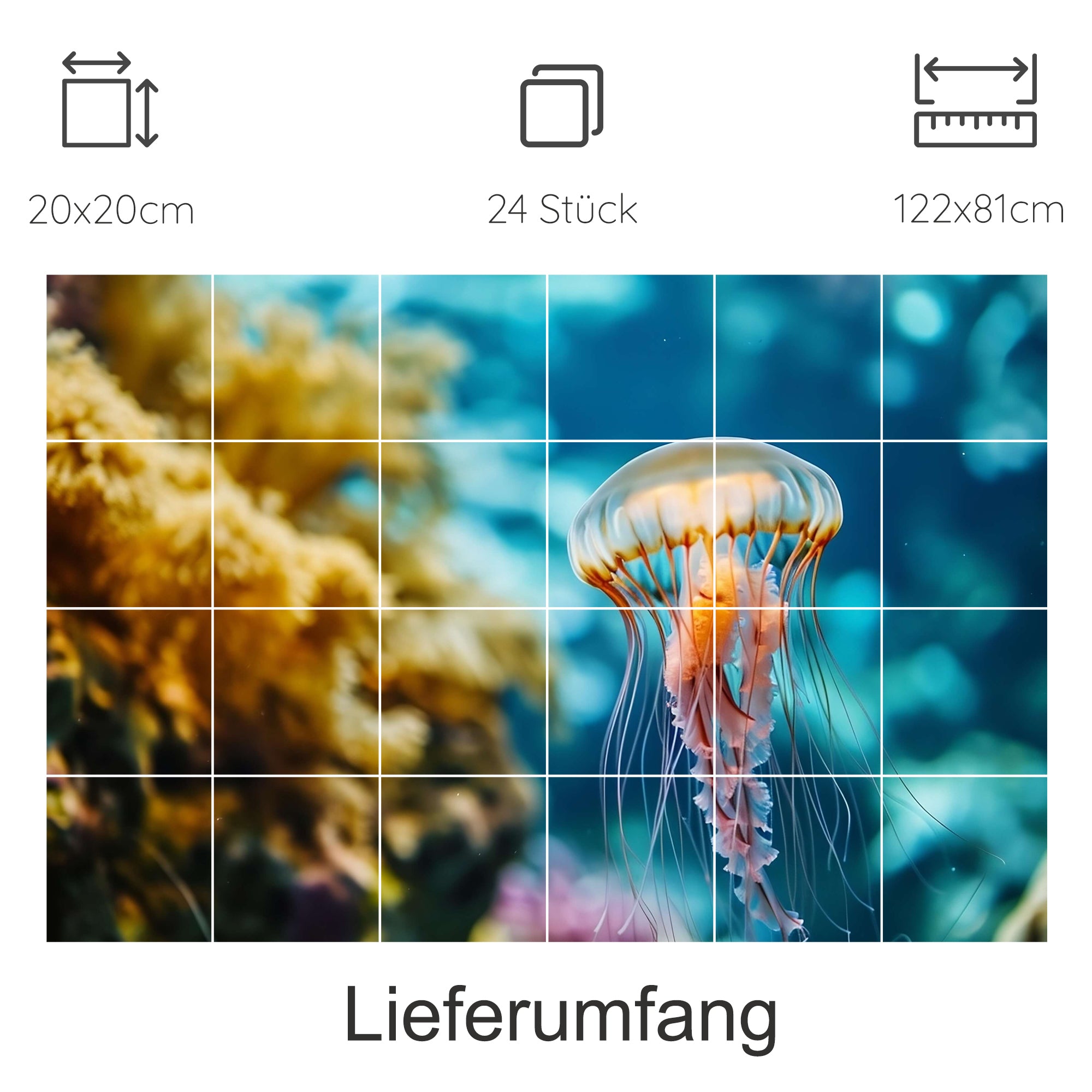 Medusa in aquatischen Farben, 24 Stück, 20x20 cm.