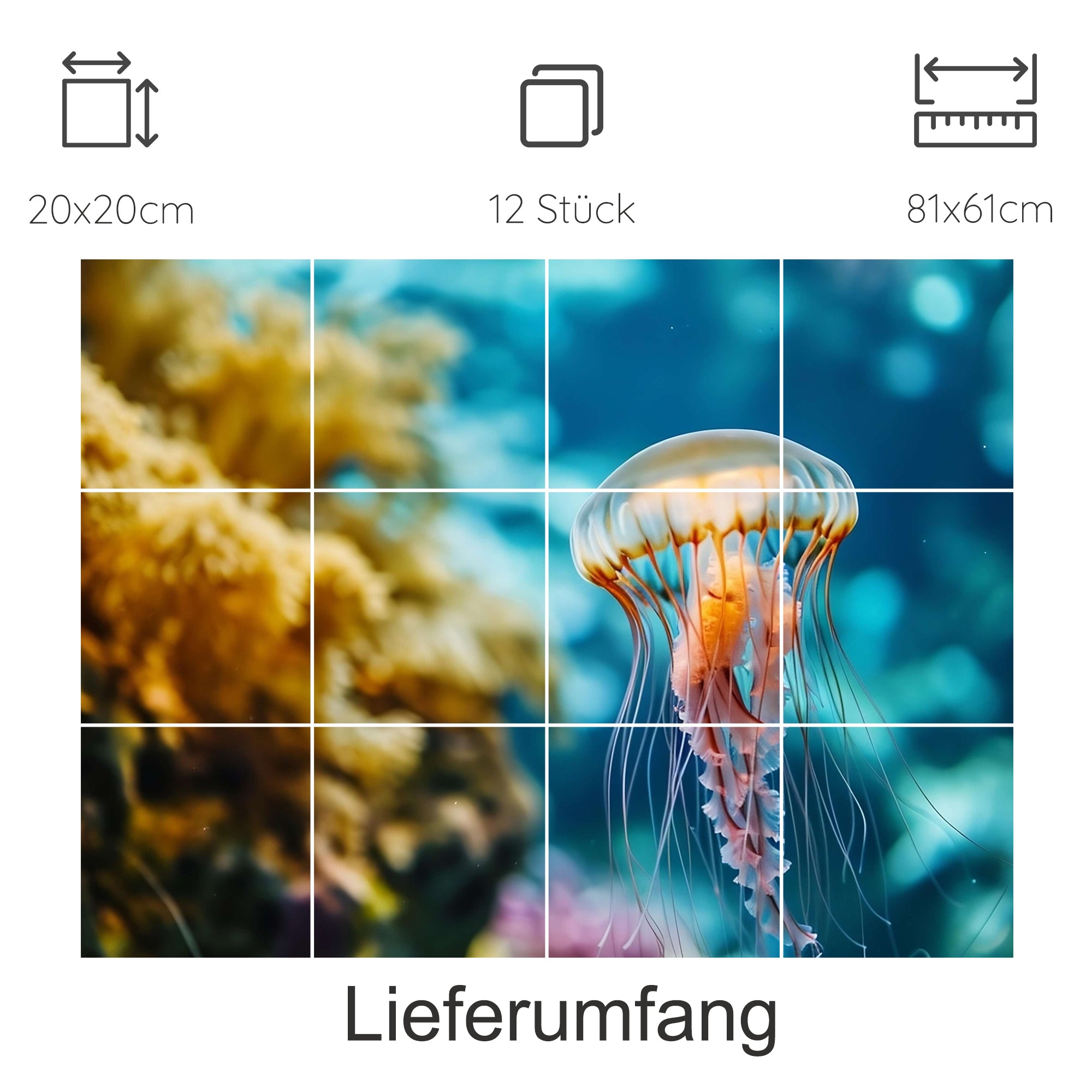 Quallenmotiv in Blau- und Gelbtönen, 12 Teile.