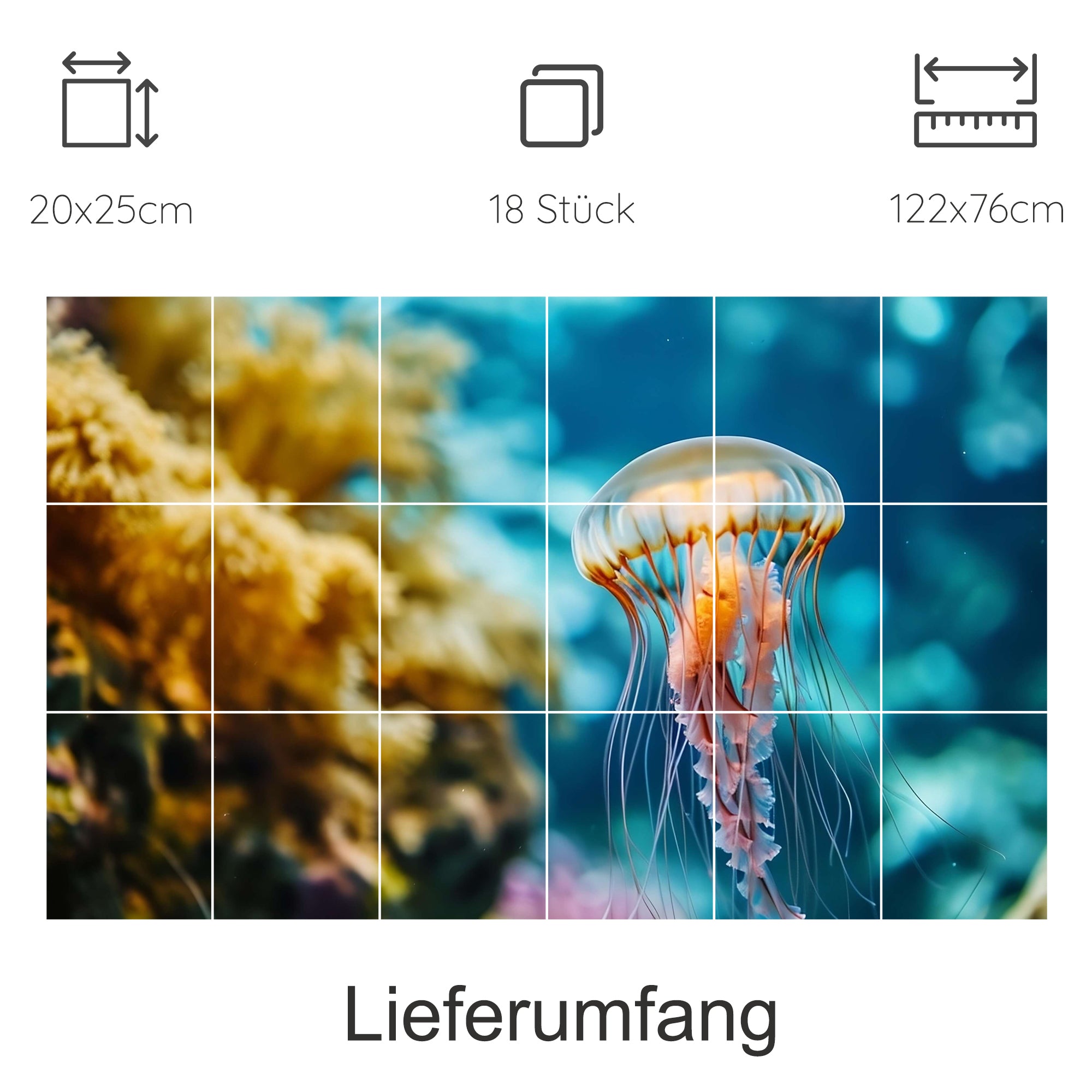 Jellyfish Motiv, blau-grün, 18 Teile, 122x76 cm.