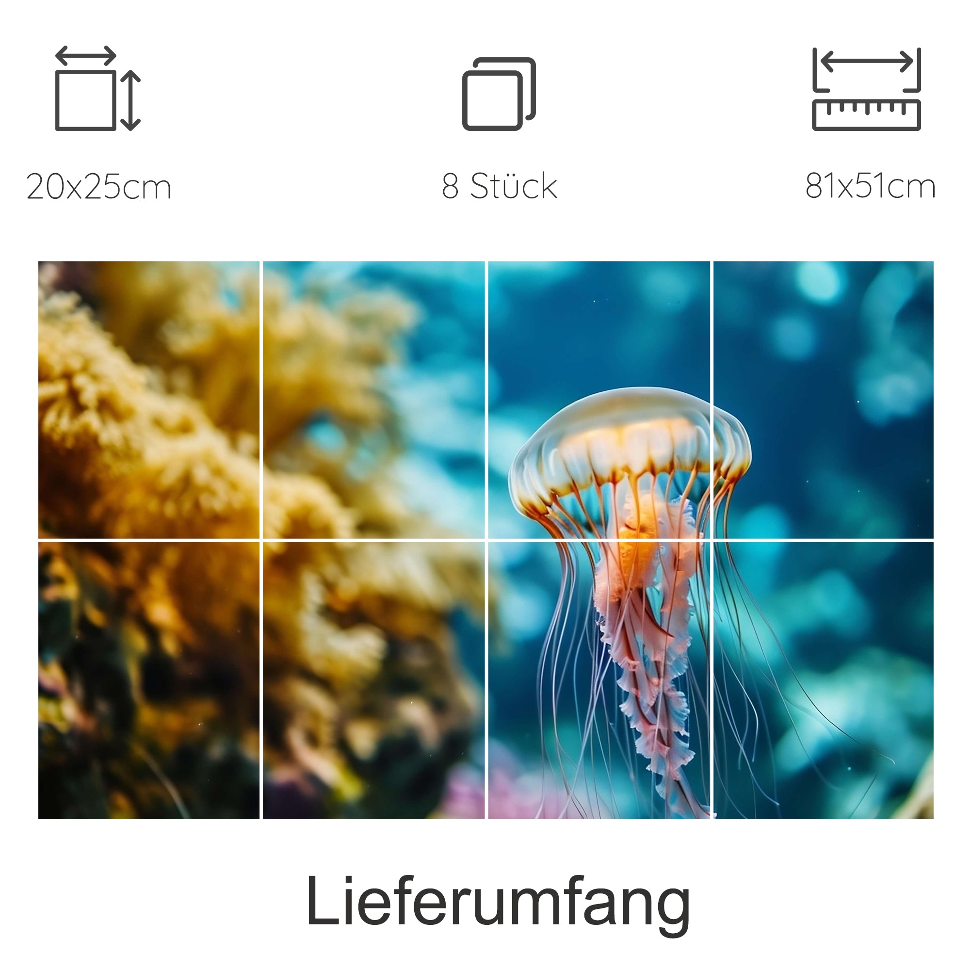 Aquarell-Jellyfish-Druck in Blau- und Orangetönen, 8-teilig.