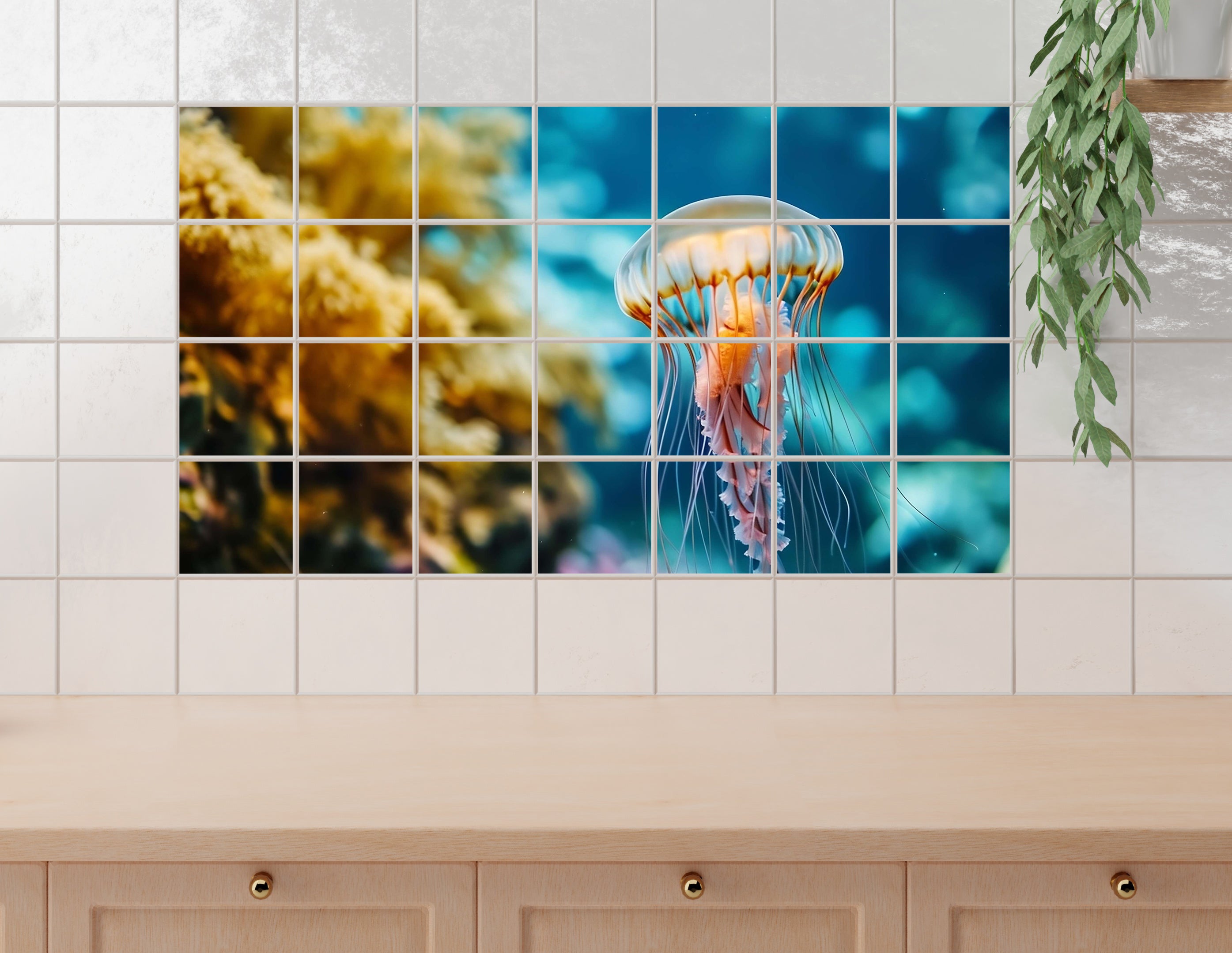 Medusenbild mit orangefarbenem Schirm und langen Tentakeln.