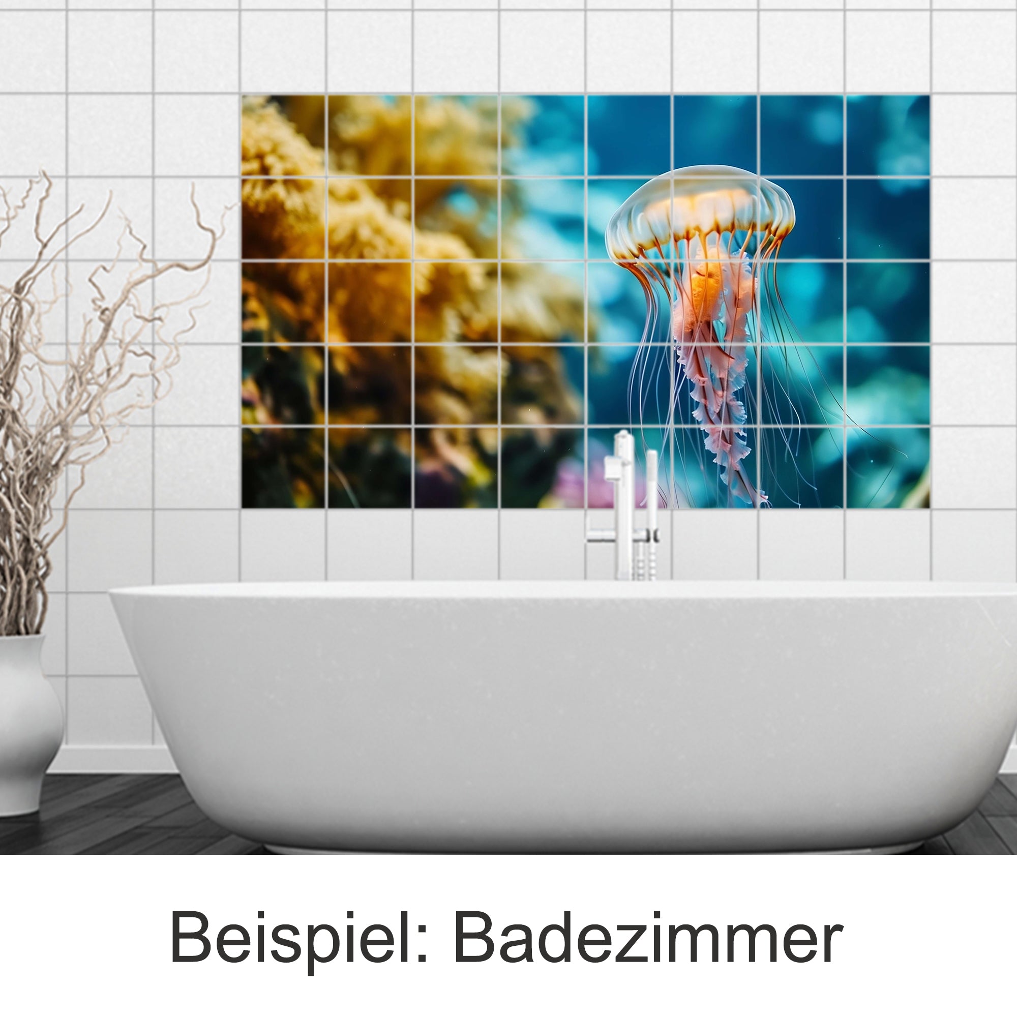 Bunte Qualle auf Fliesenwand im modernen Badezimmer.