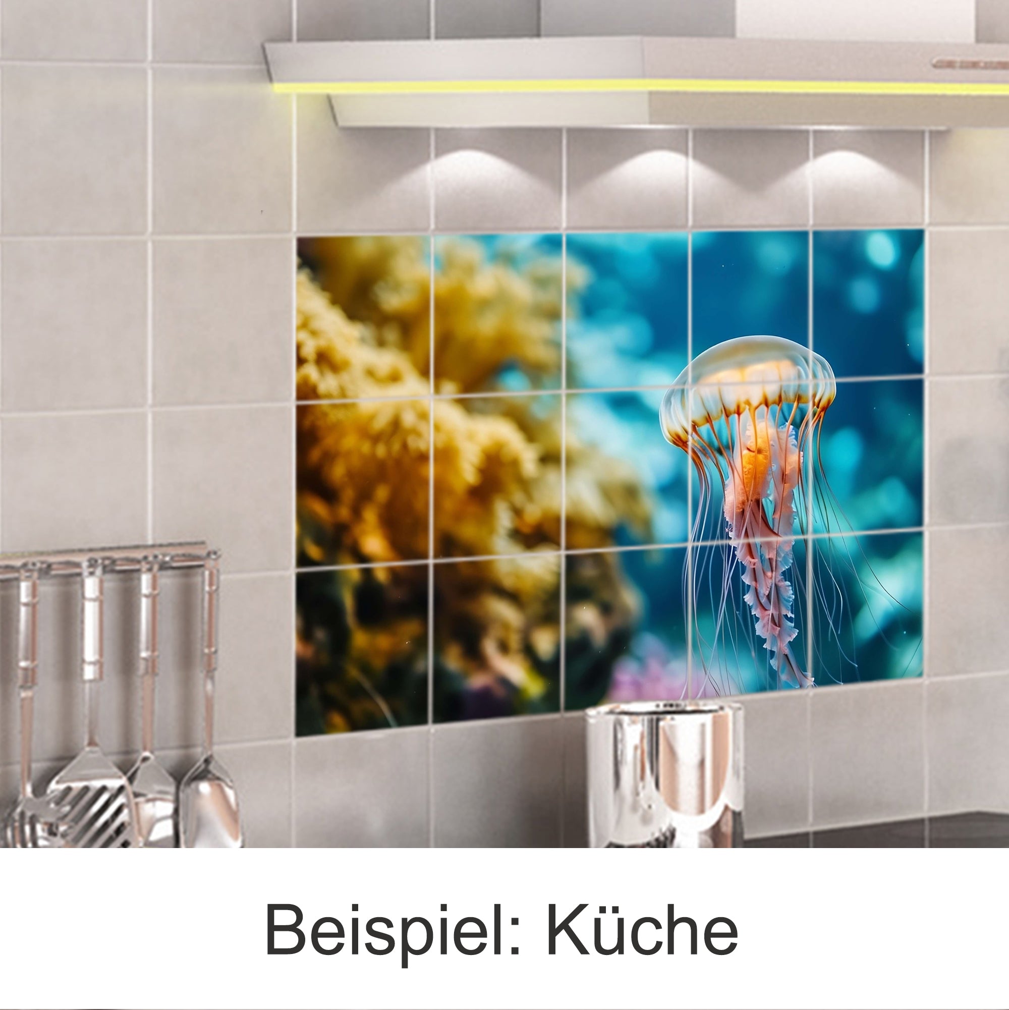 Bunte Qualle auf Fliesen mit Unterwasserhintergrund.