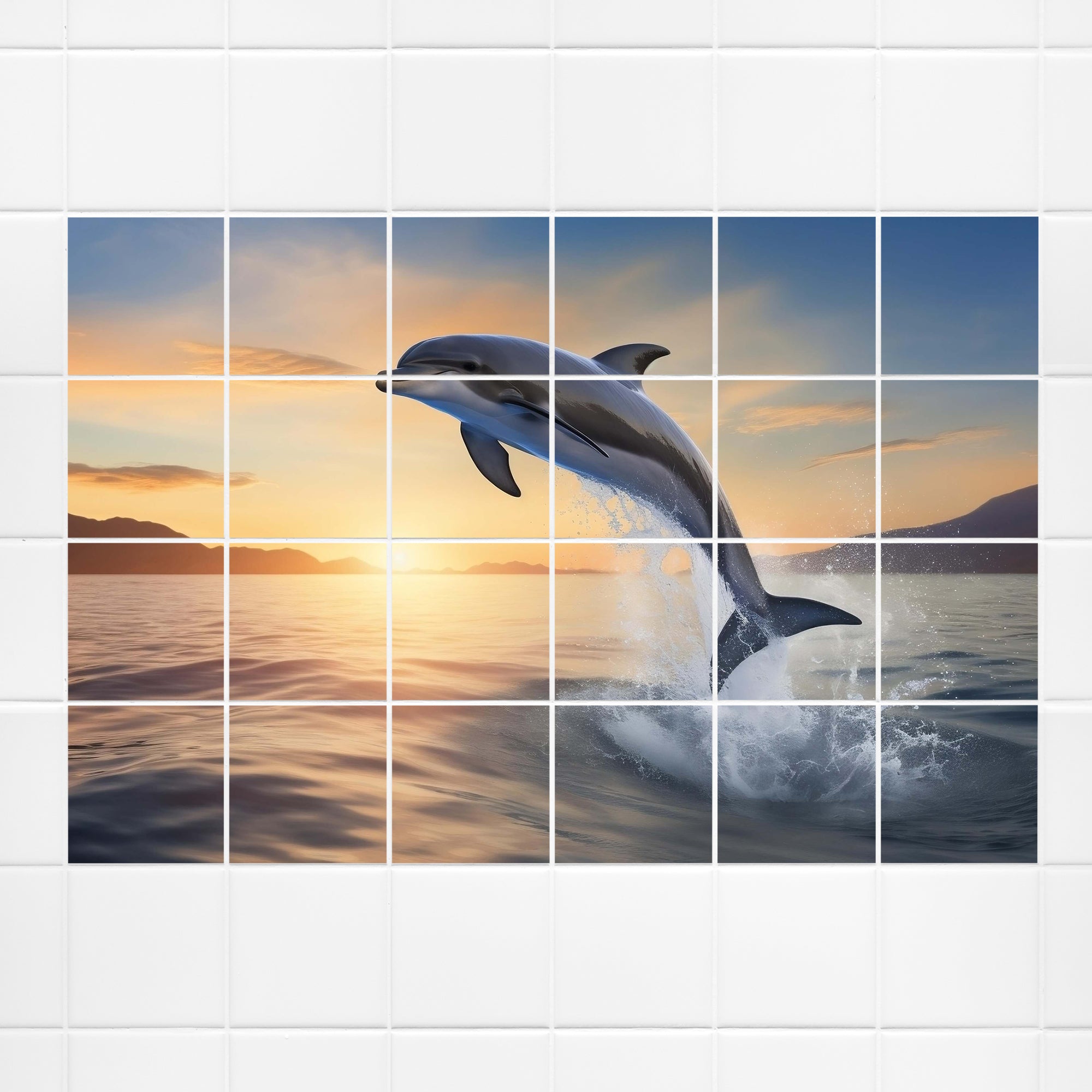 Springender Delfin vor Sonnenuntergang über dem Wasser.