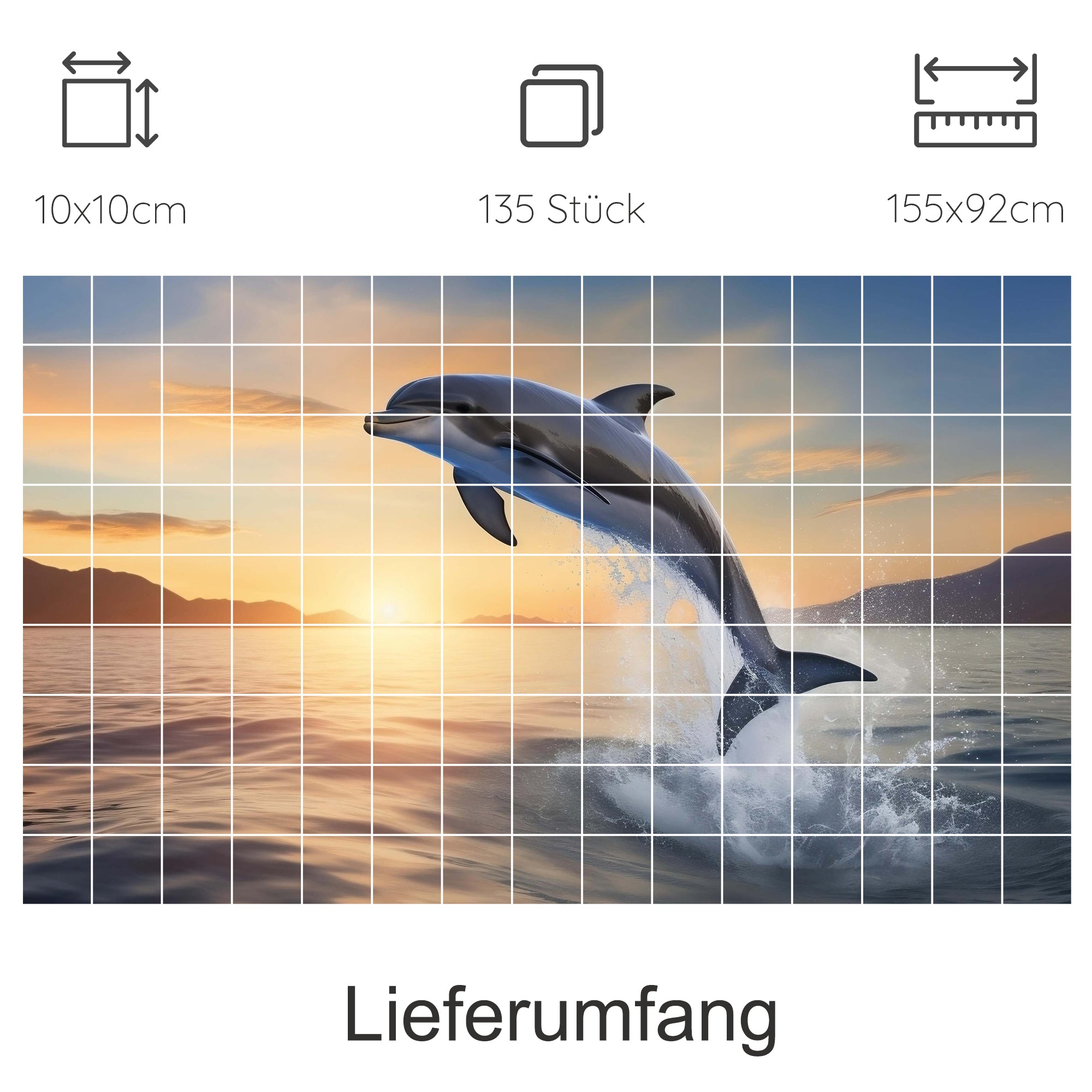 Springender Delfin vor Sonnenuntergang, 135 Teile Puzzle.