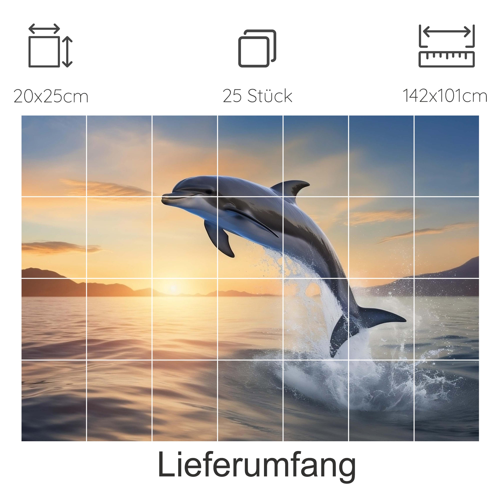 Springender Delfin vor Sonnenuntergang, 25 Teile Puzzle.