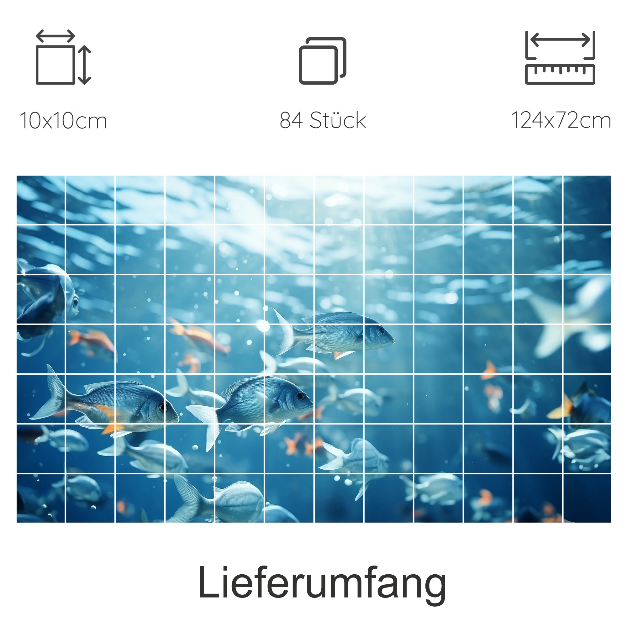 Unterwasserwelt mit Fischen, blaues Wasser, 84 Stück.