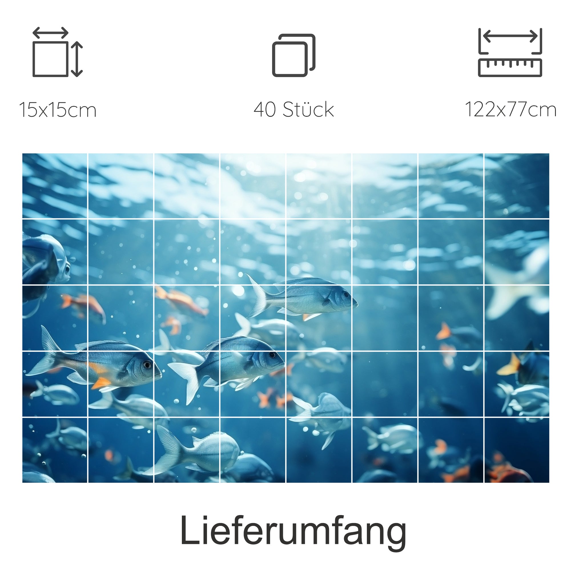 Aquarienmotiv mit bunten Fischen in Blau- und Grautönen.