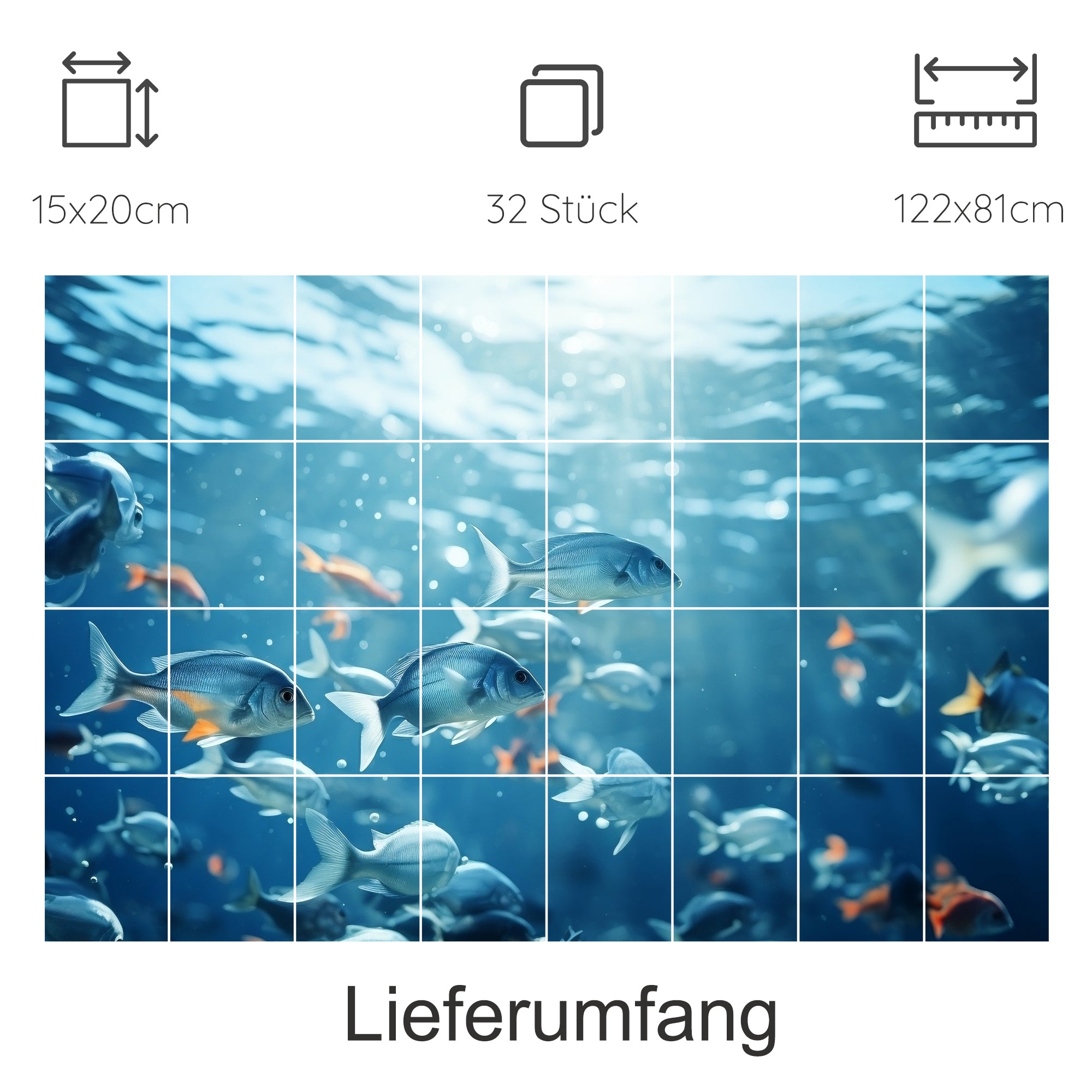 Fischmotiv in Blau, 32 Teile, 122x81 cm.