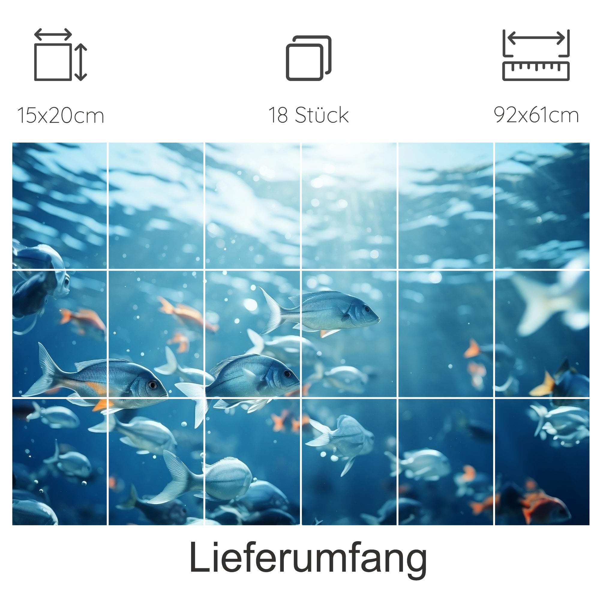 Unterwasserwelt mit Fischen in Blau- und Grautönen.