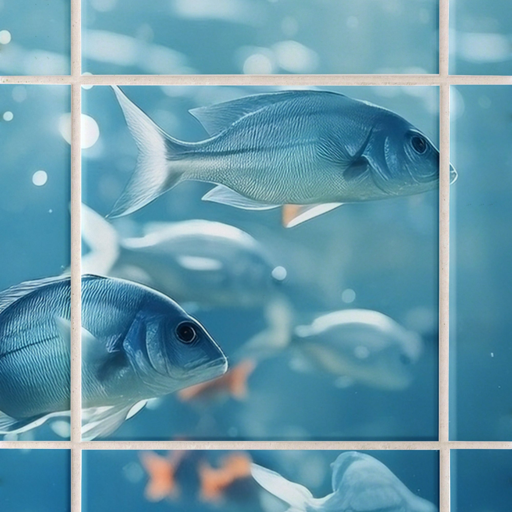 Blaues Fischmuster auf Fliesen mit Wasserhintergrund.