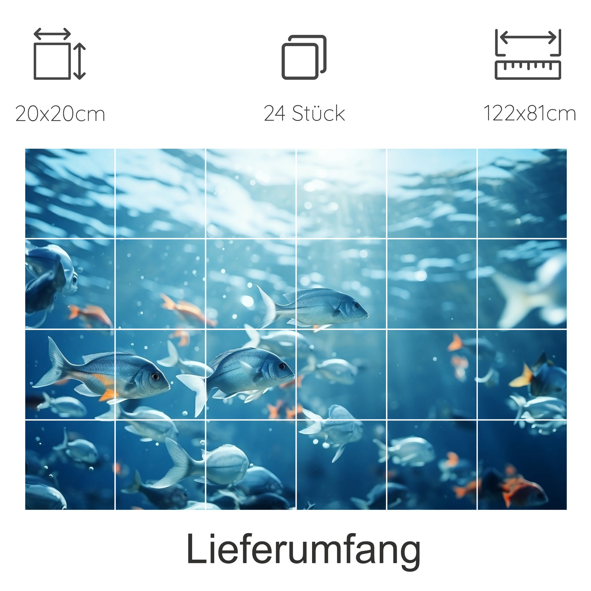 Unterwasserwelt mit Fischen in Blau- und Grautönen.