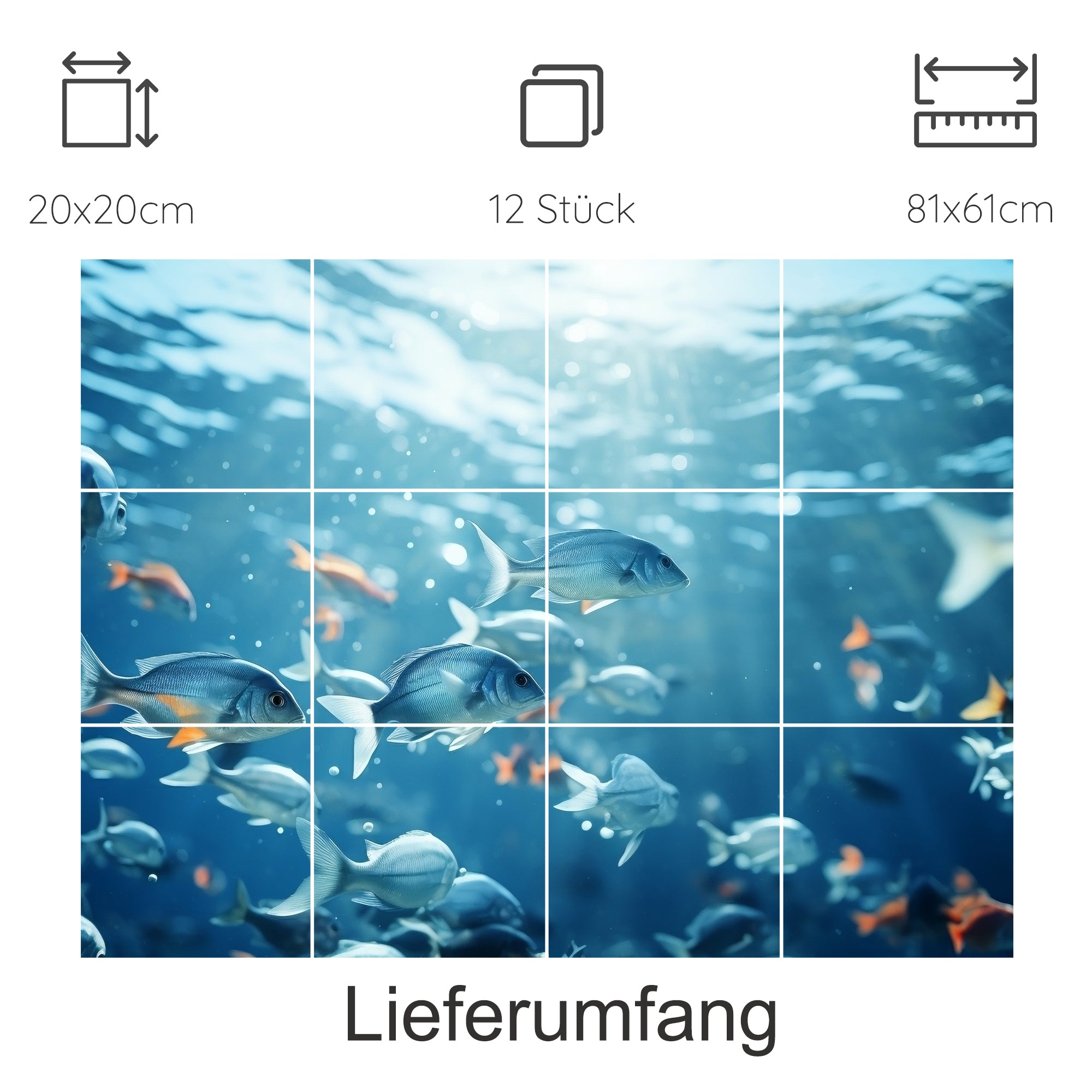 Fischschwarm unter Wasser, blaues Farbspiel, 12 Teile.