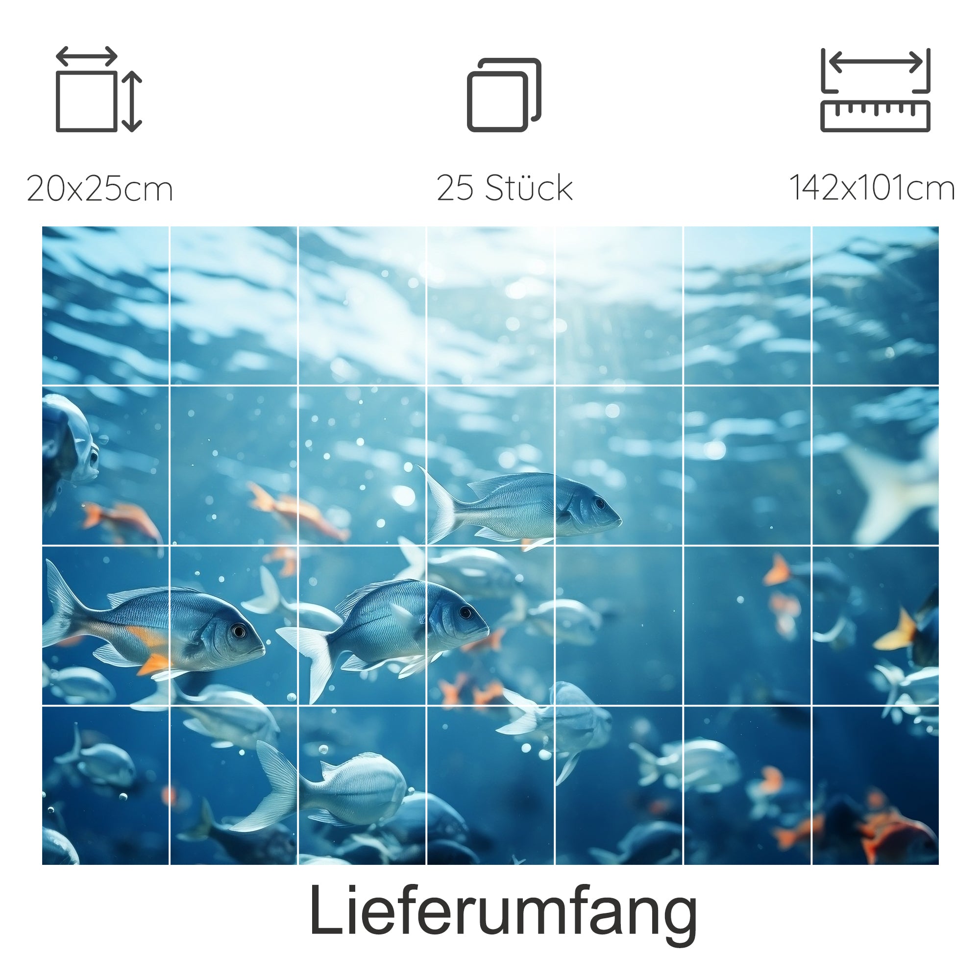 Unterwasserwelt mit bunten Fischen in Blau- und Aquatönen.