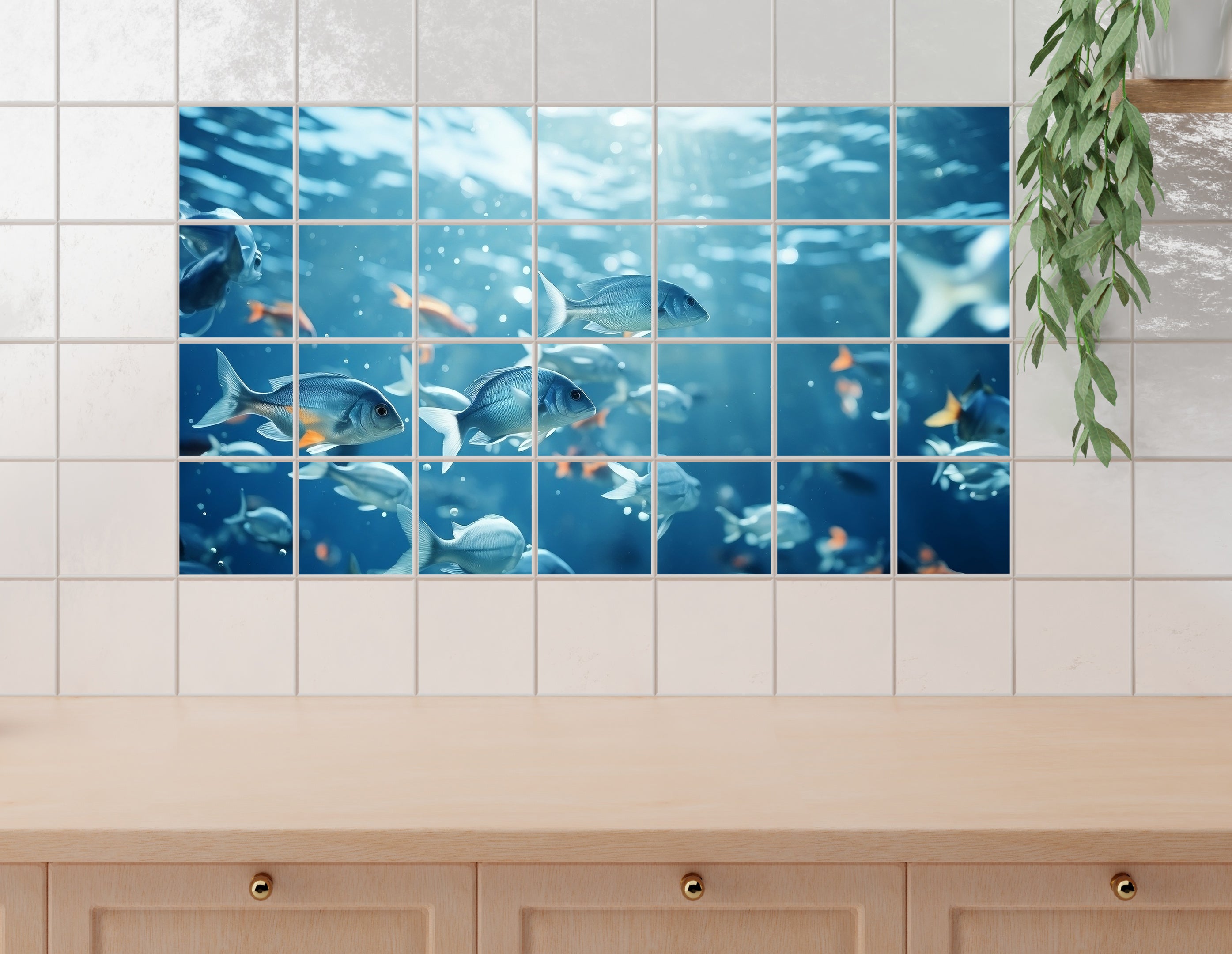 Fischmuster in Blau- und Aquatönen auf Fliesen.