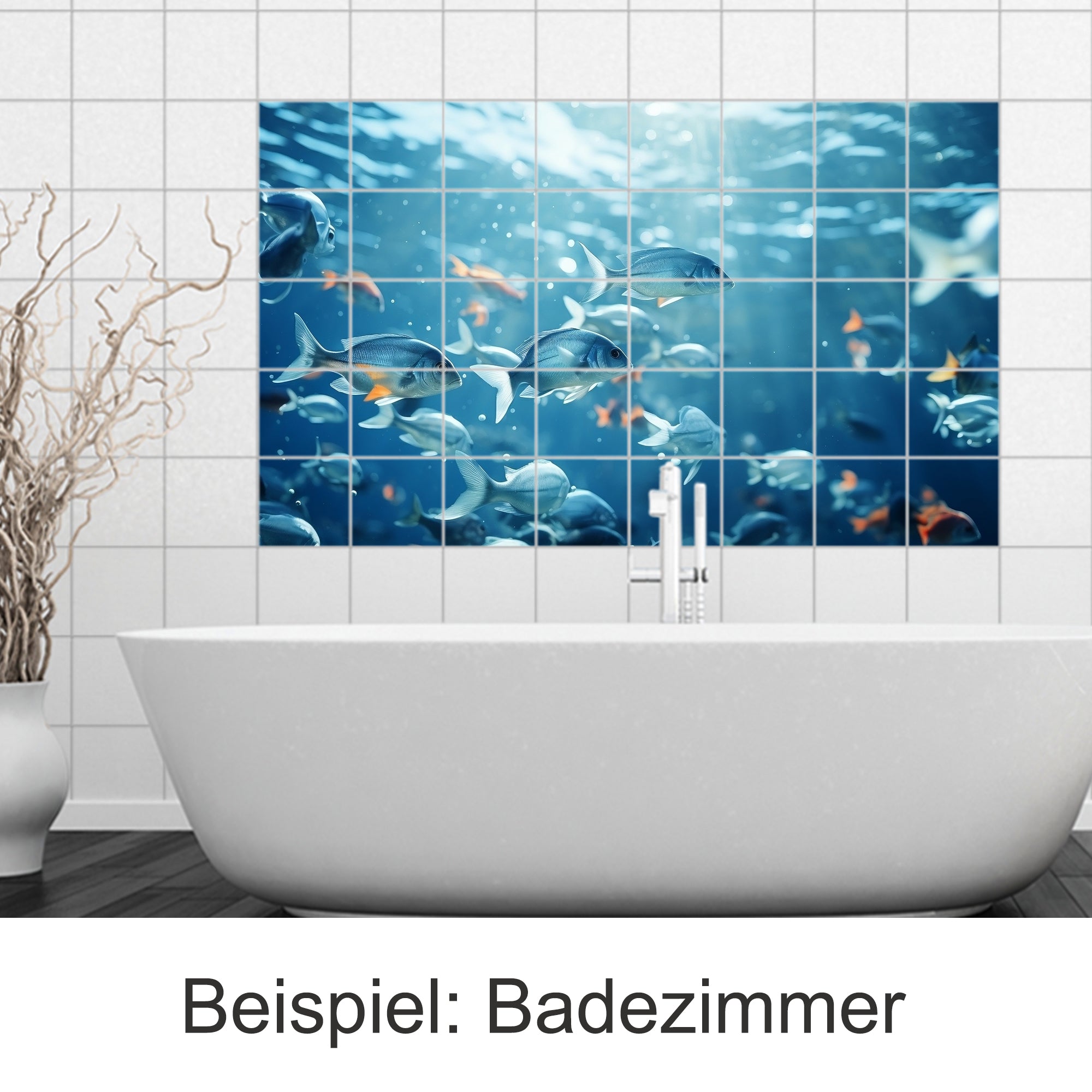 Wandfliesen mit bunten Fischen in blauem Wasser.