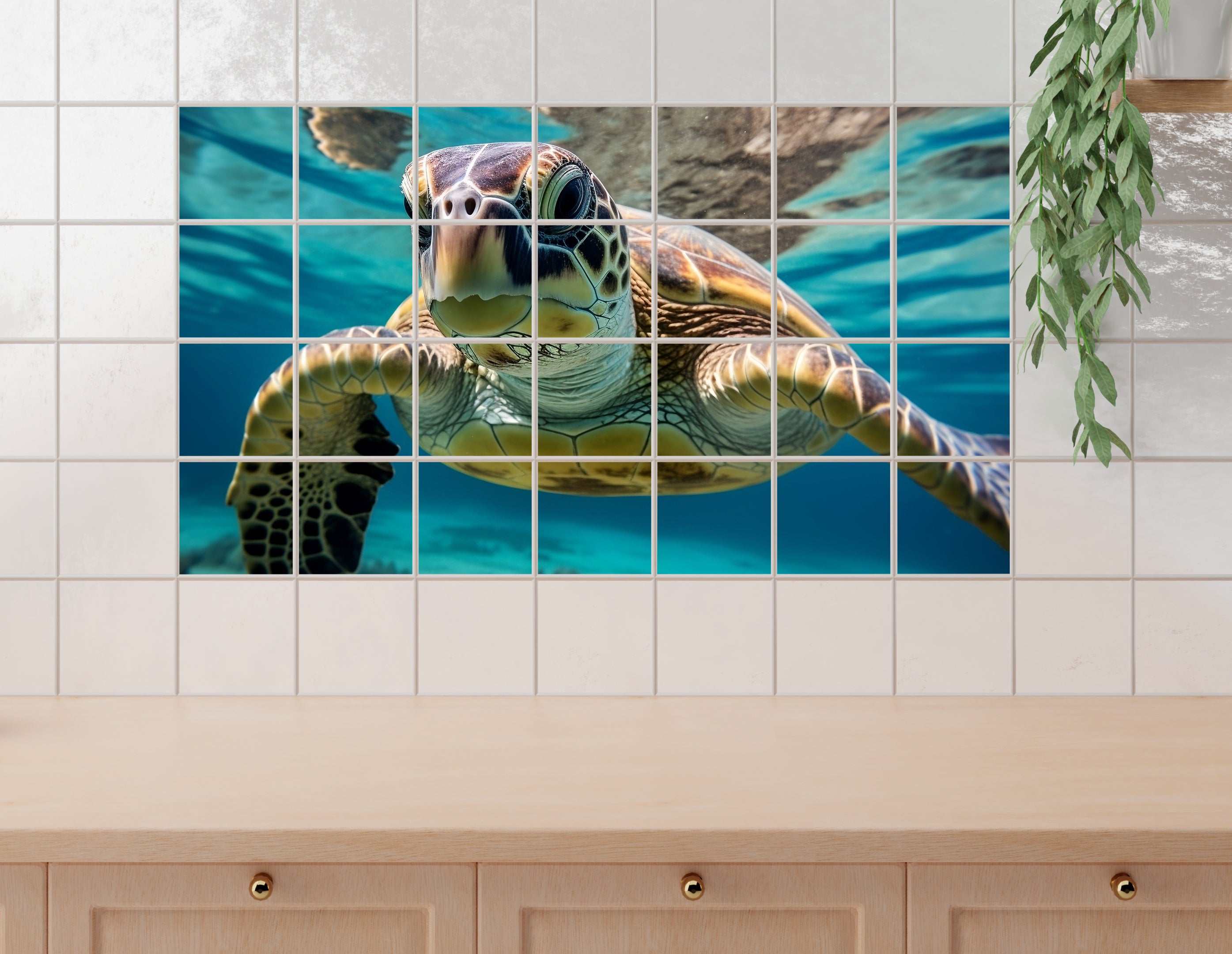 Grüne Meeresschildkröte schwimmt im klaren Wasser.