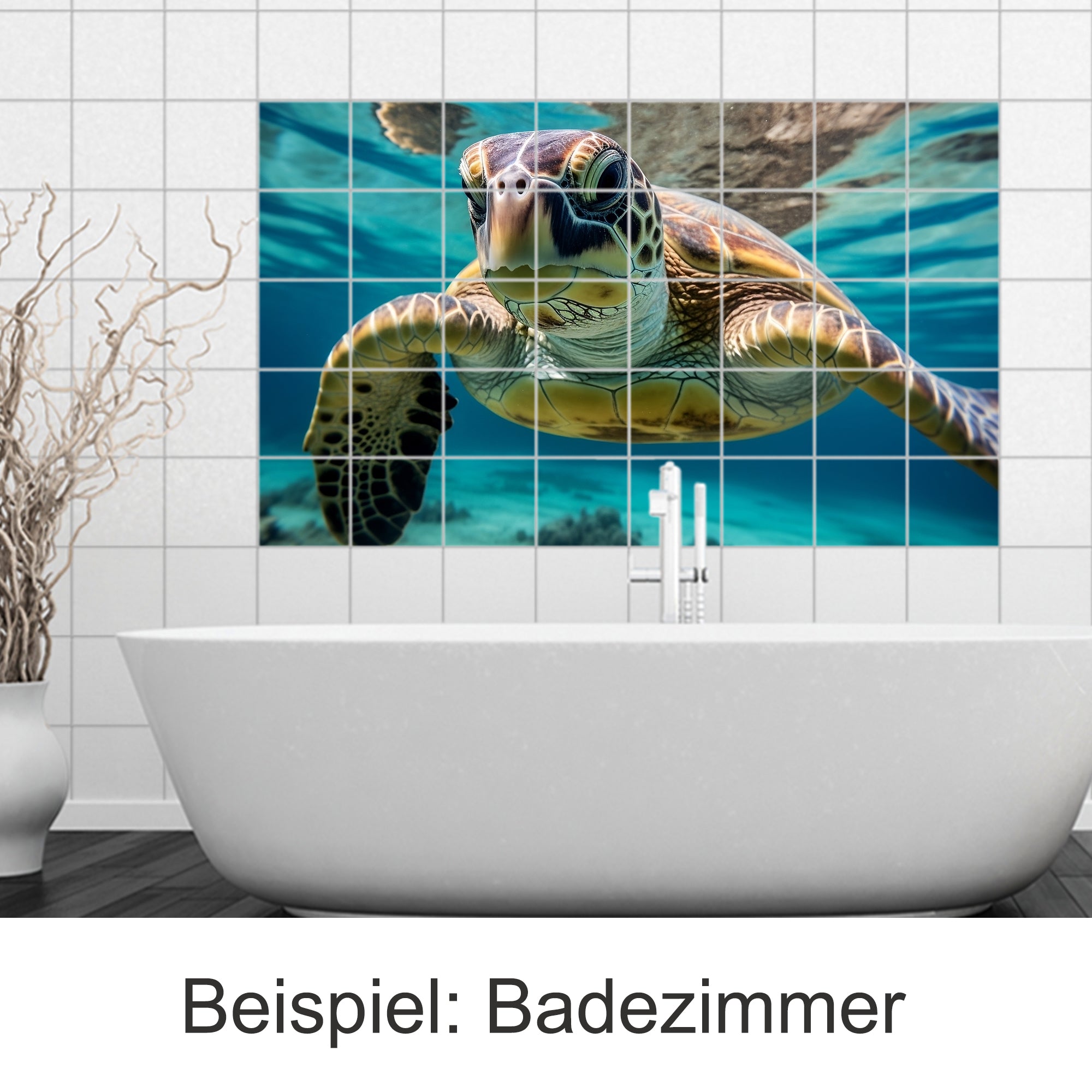 Schildkröte im Wasser, Fliesenbild im Badezimmer.