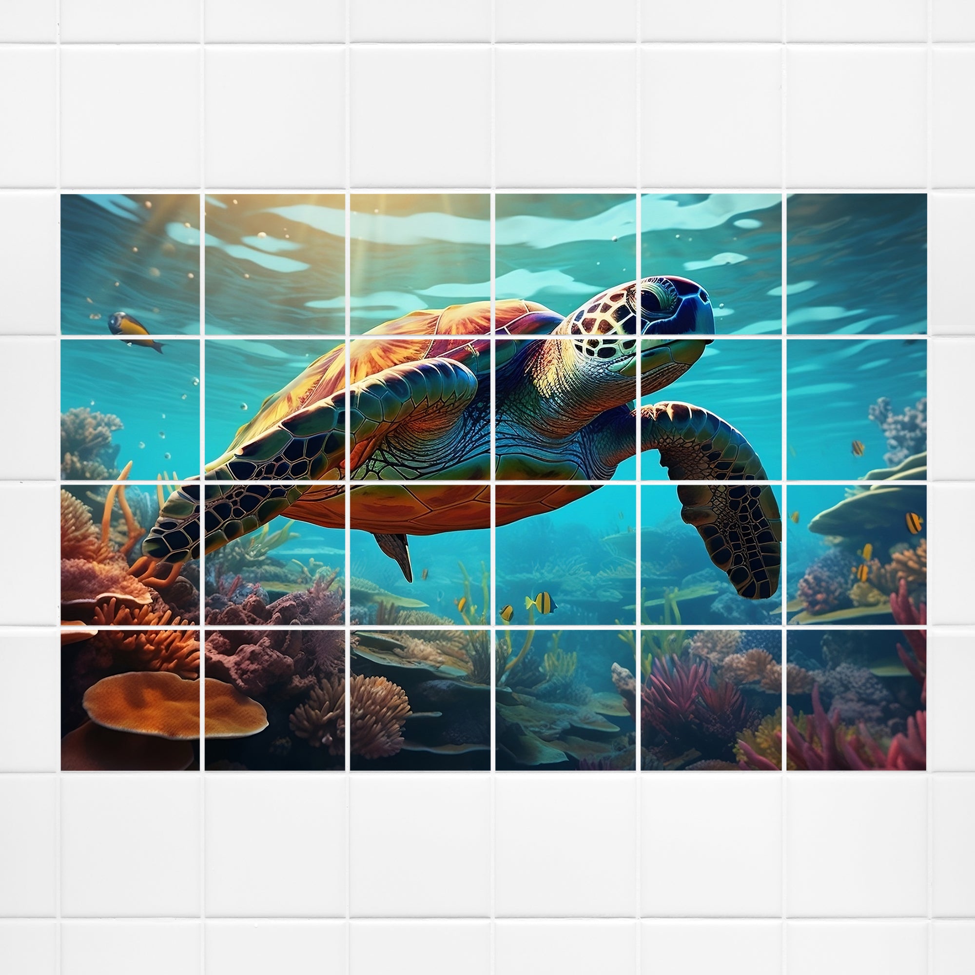 Schildkröte schwimmt im bunten Korallenriff, leuchtende Farben.