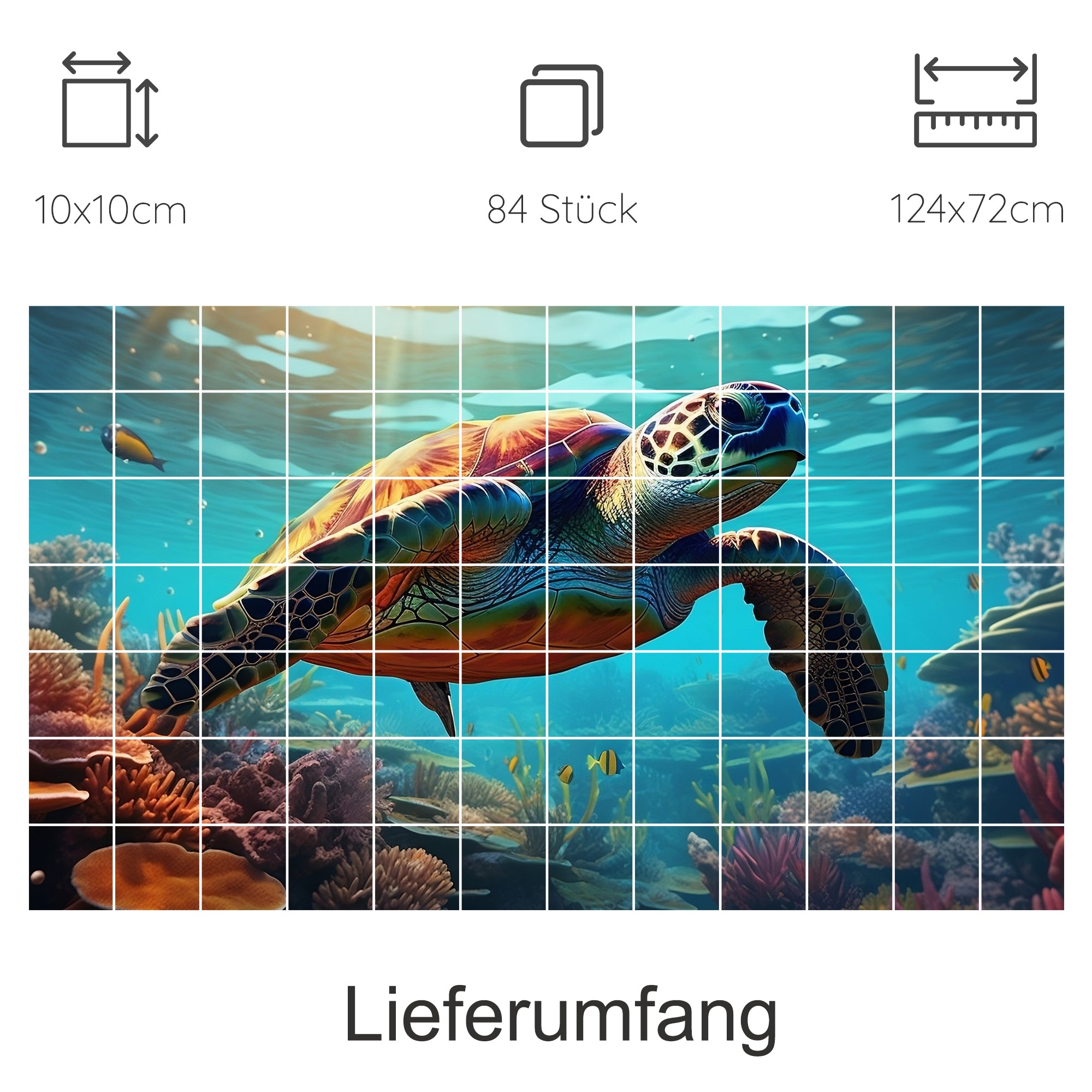 Schildkröte im Wasser, lebendige Farben, Unterwasserlandschaft.