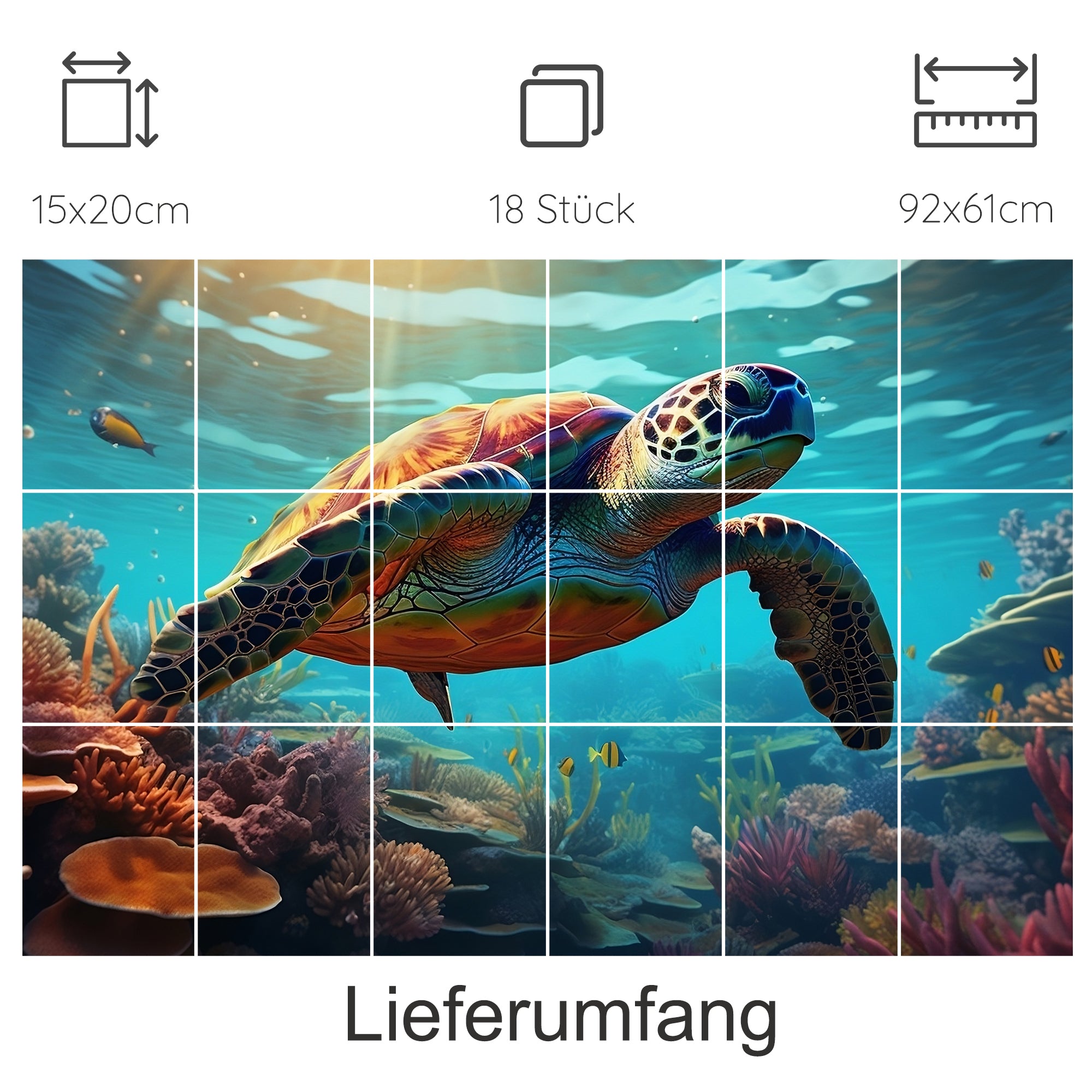 Bunte Meeresschildkröte vor Korallenriff, lebendige Farben.