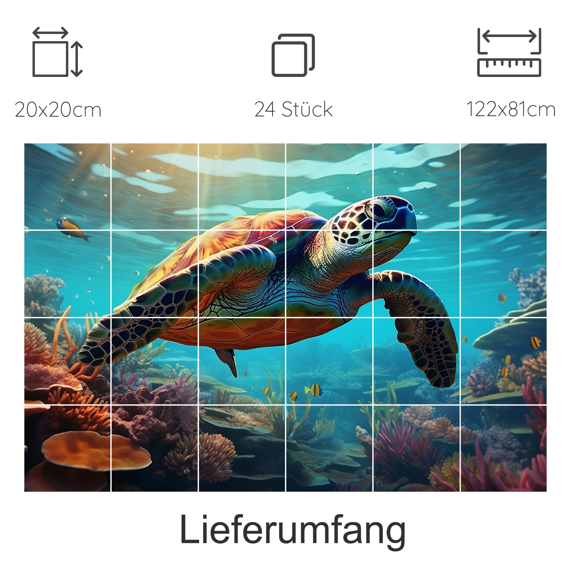 Schildkröte im Ozean, lebendige Farben, Unterwasserlandschaft.