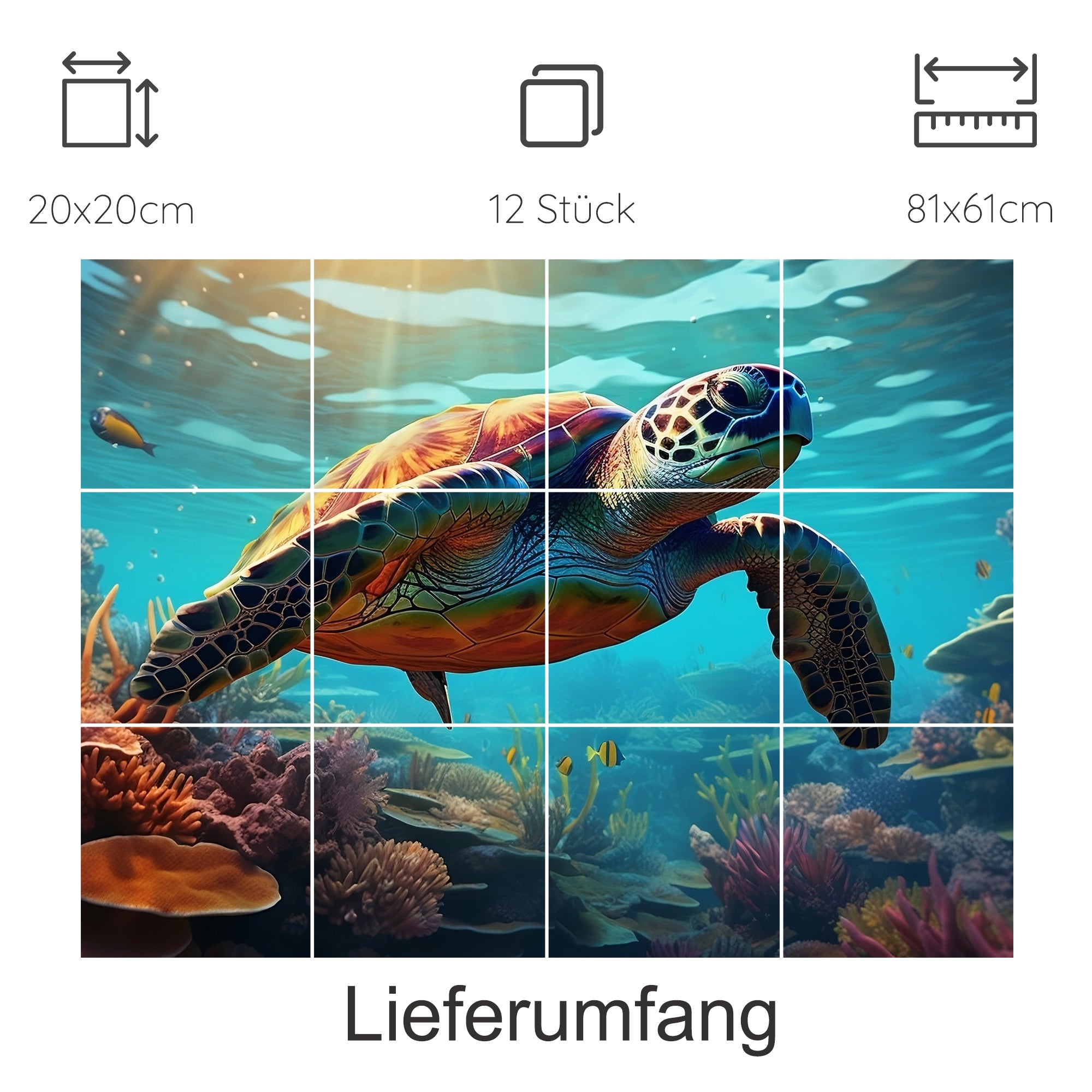 Schildkröte im Wasser, lebendige Farben, Korallenriff.