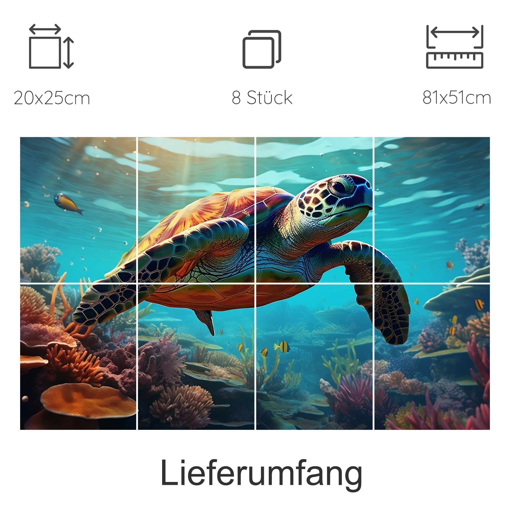 Schildkröte im Wasser, lebendige Farben, Korallenriff.