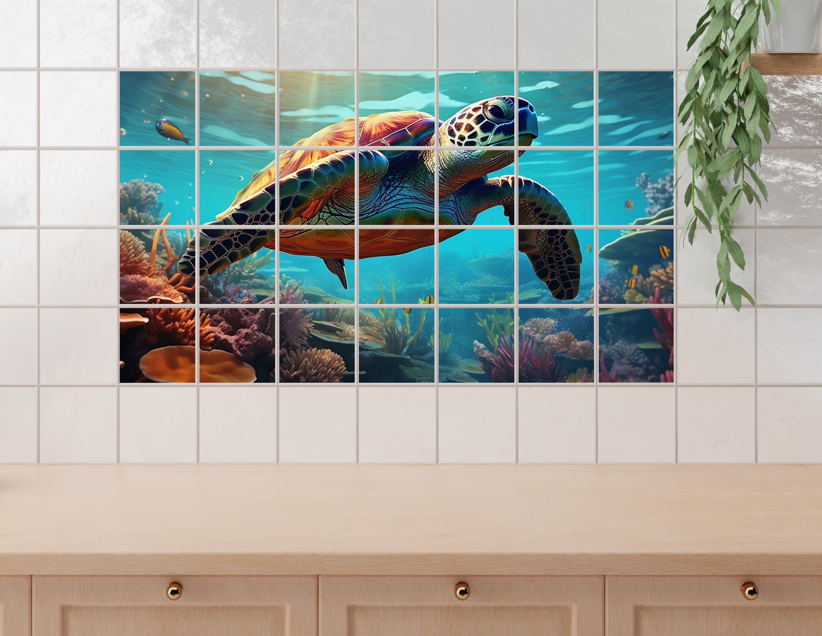 Schildkröte schwimmt über bunten Korallenriffen, lebendige Farben.