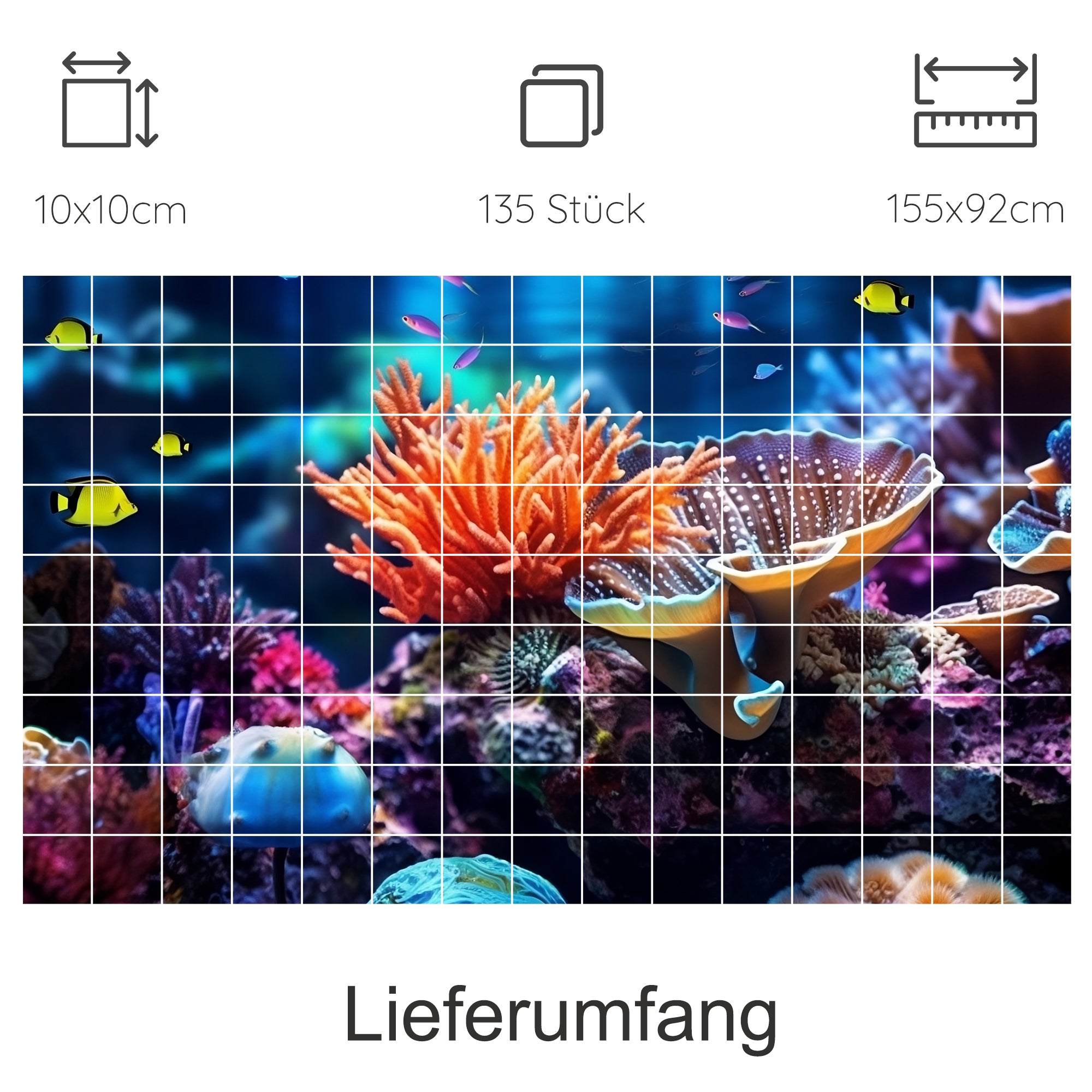 Buntes Korallenriff mit Fischen und Meereslebewesen.