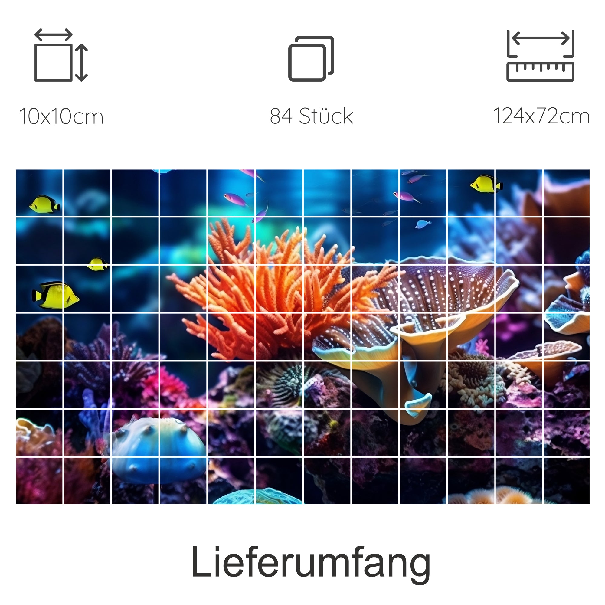 Bunte Korallen und Fische in aquatischer Unterwasserwelt.