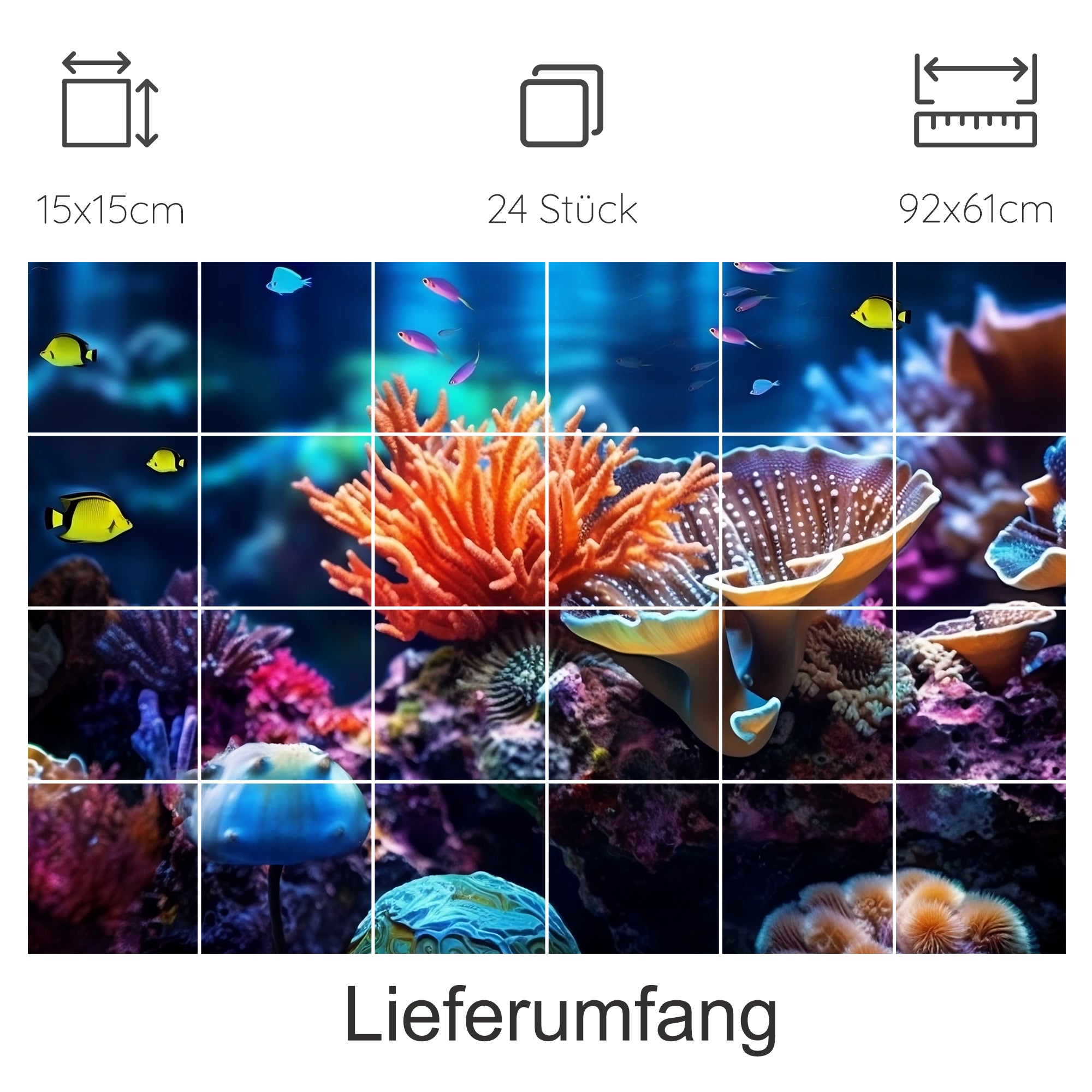 Bunte Korallen mit Fischen in einem lebhaften Unterwasserbild.