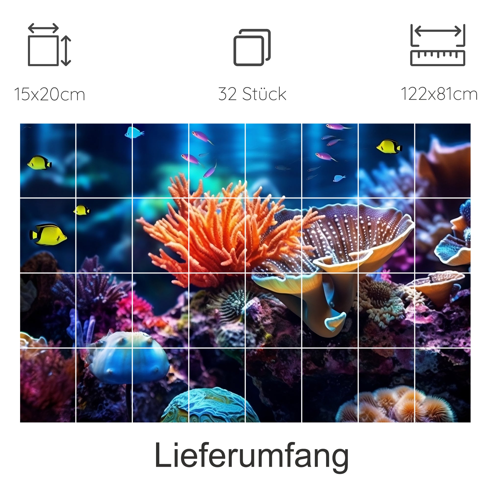 Buntes Korallenriff mit Fischen und lebendigen Farben.