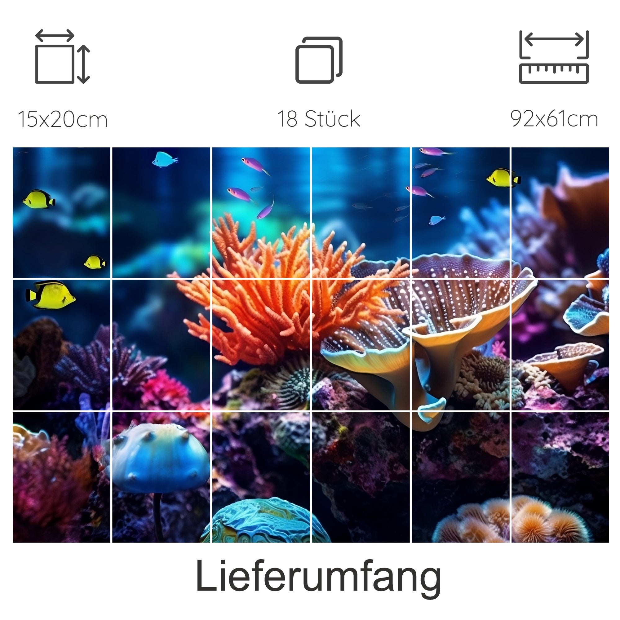 Bunte Korallenlandschaft mit Fischen in Blau- und Orangetönen.