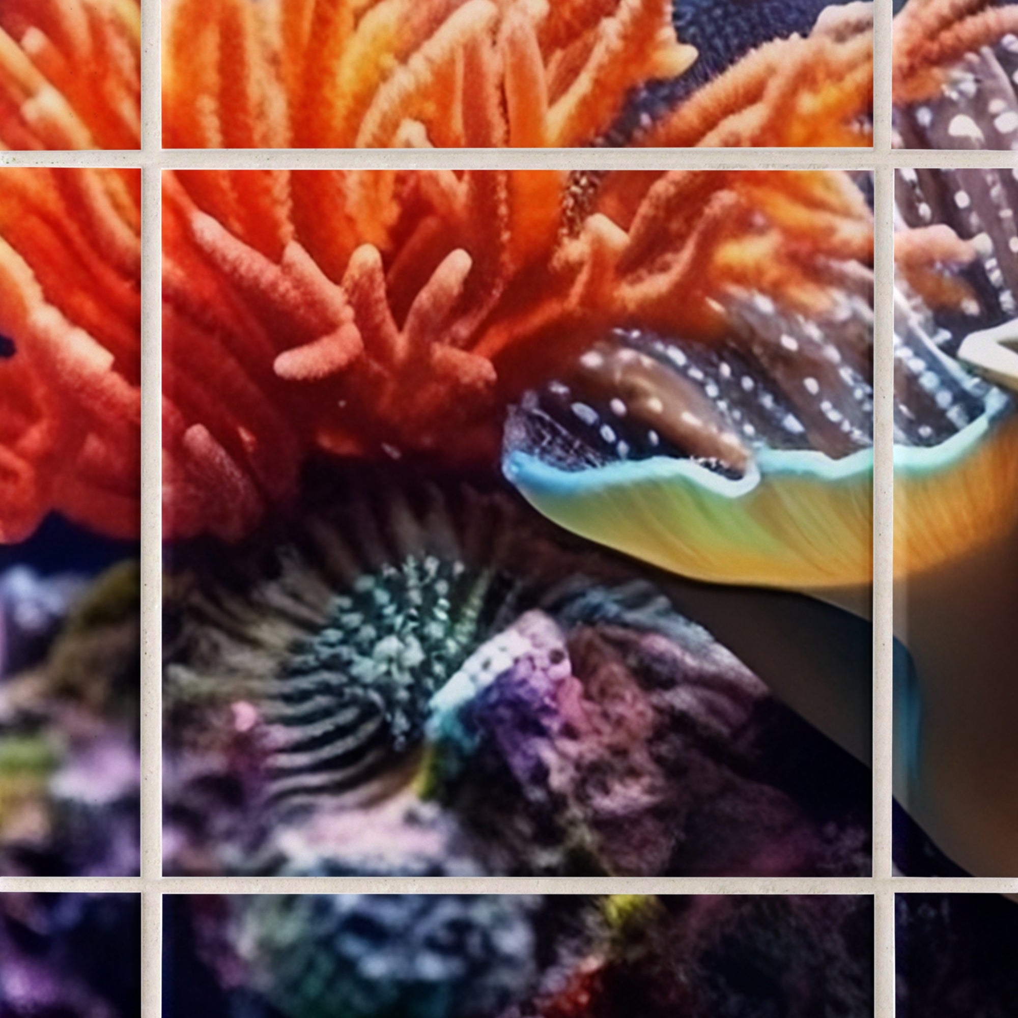 Bunte Korallen und Meeresschnecke in lebhaften Farben.