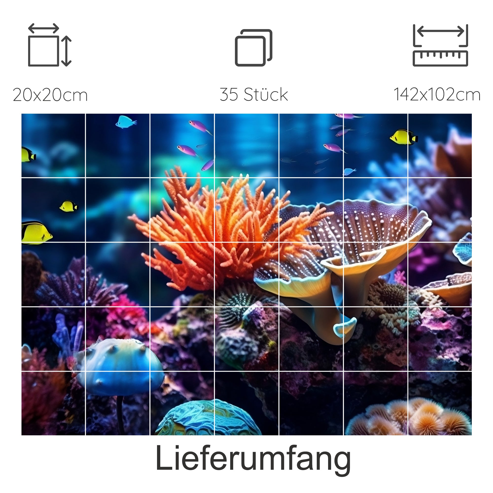 Buntes Korallenriff mit Fischen und Meereslebewesen.